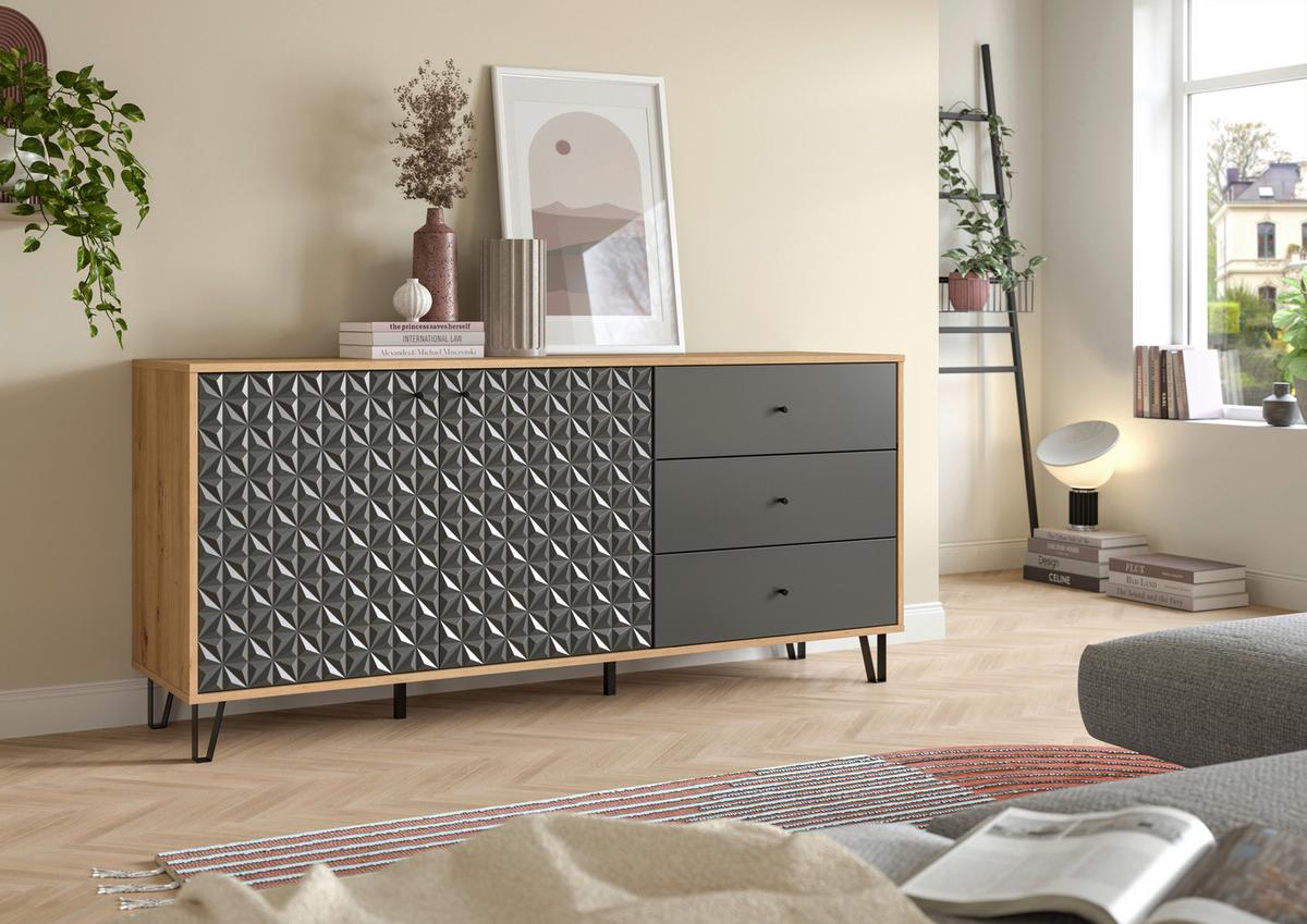 Sideboard Prisma Anthrazit/Eiche Artisan - Anthrazit/Schwarz, Design, Holzwerkstoff/Kunststoff (170/76/40cm) - Livetastic