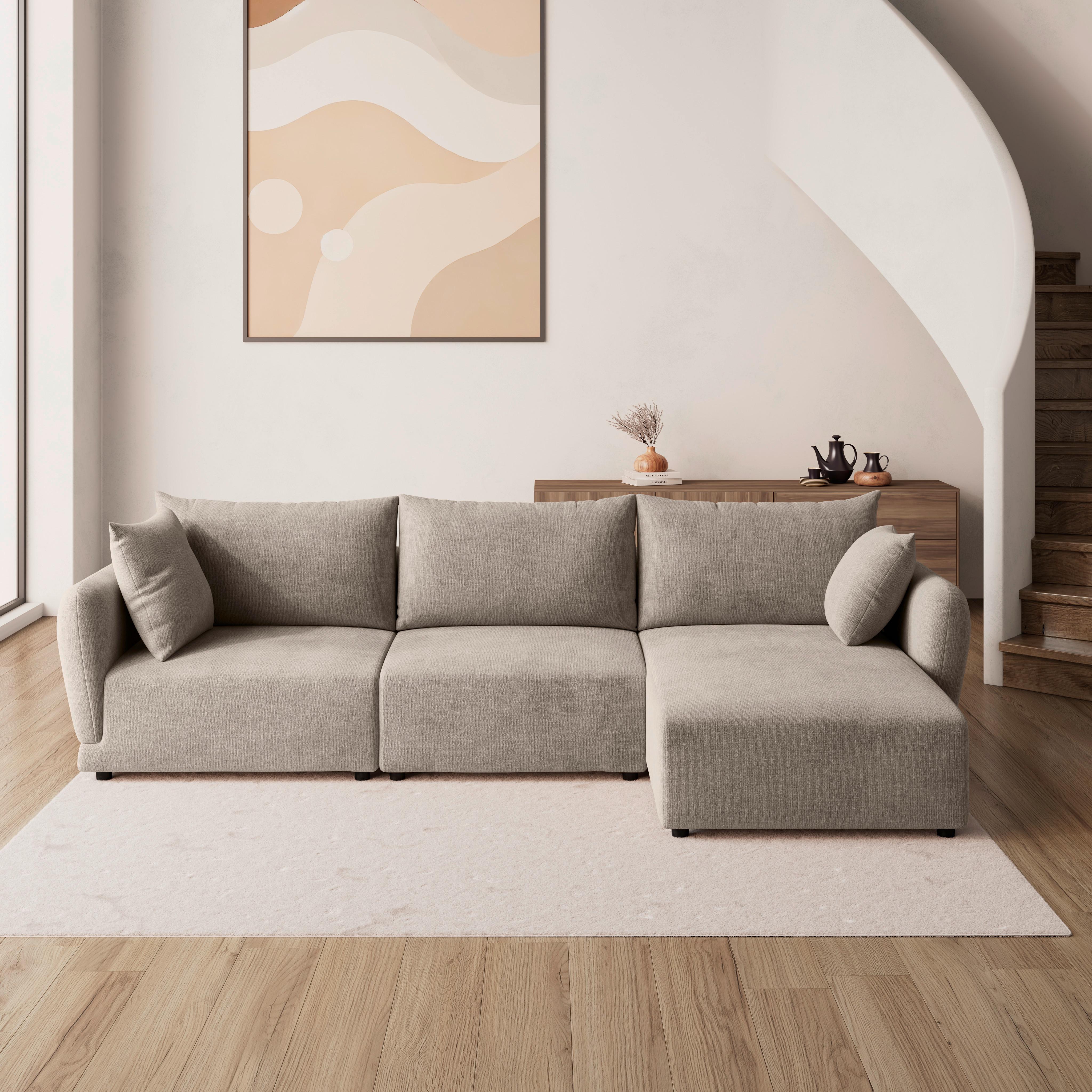 Wohnlandschaft Nicole Greige Chenille - Greige/Schwarz, MODERN, Holz/Kunststoff (306/87/162cm) - Bessagi Home