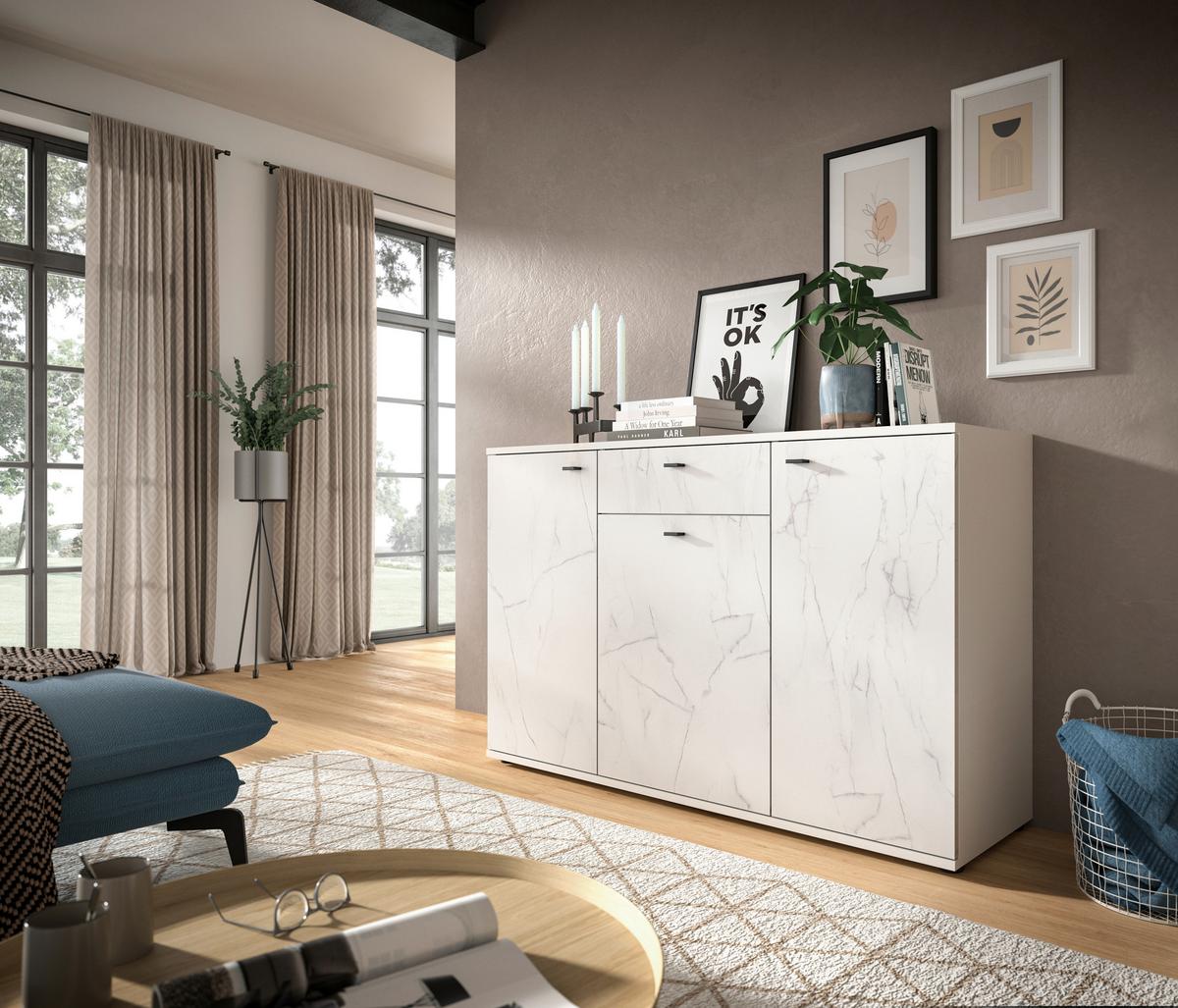 Komoda Stone - bijela/crna, Design, drvni materijal/plastika (138/87/40cm) - Modern Living
