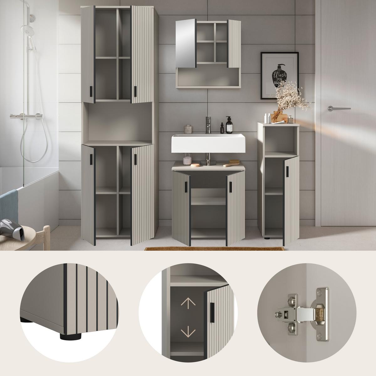 Badezimmer Mone Kaschmir 4-teilig - Kaschmir/Schwarz, Trend, Glas/Holzwerkstoff (150cm) - MID.YOU