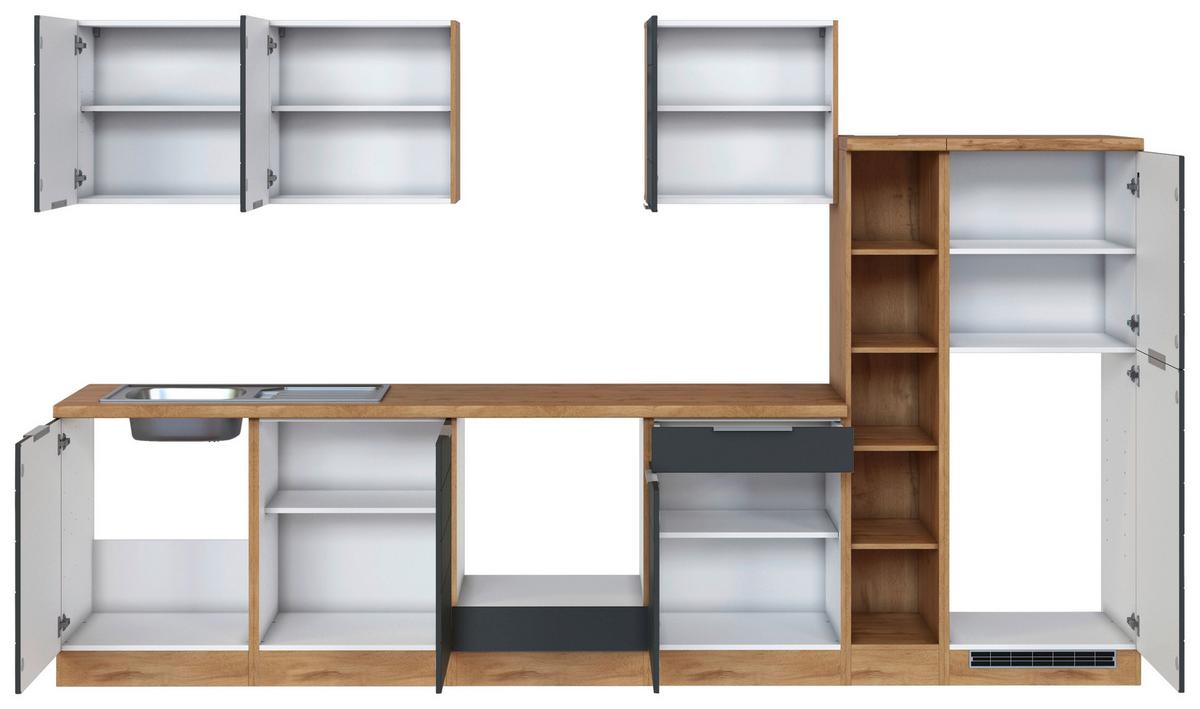 Küchenblock Florenz ohne Geräte ca. 330 cm Grau/Eiche - Eiche Wotan/Grau, Design, Holzwerkstoff/Metall (330cm) - Held