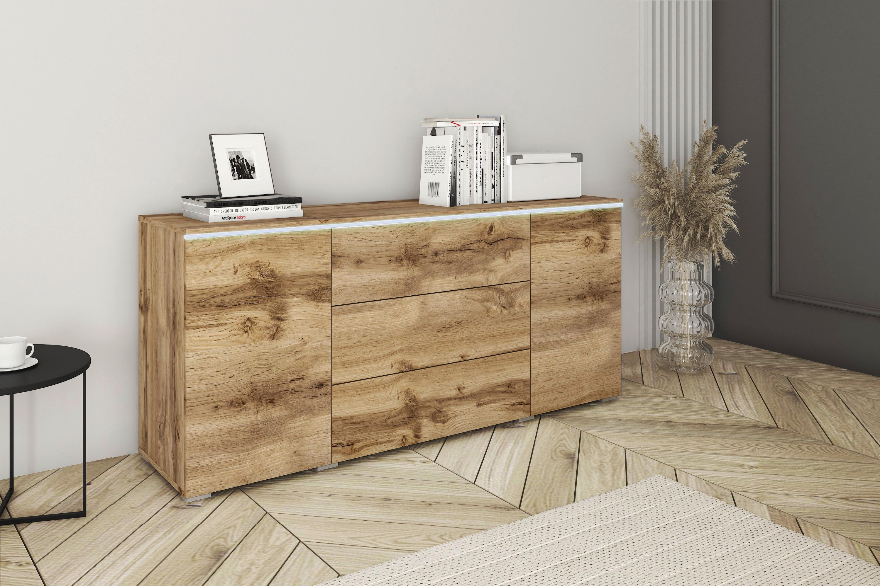 Sideboard Vera mit LED ca. 150 cm Eiche Wotan - Eiche Wotan/Grau, LIFESTYLE, Holzwerkstoff/Kunststoff (150/67,9/39,5cm) - P & B