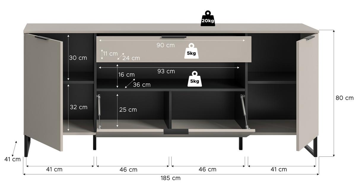 Široka Komoda Noida, Kašmir, Črna - kašmir/črna, Design, kovina/leseni material (185/80/41cm) - Livetastic