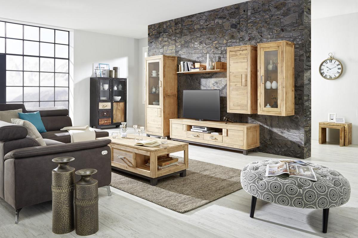 Vitrine aus Akazie teilmassiv - Silberfarben/Akaziefarben, Konventionell, Glas/Holz (65/190/45cm) - Zandiara