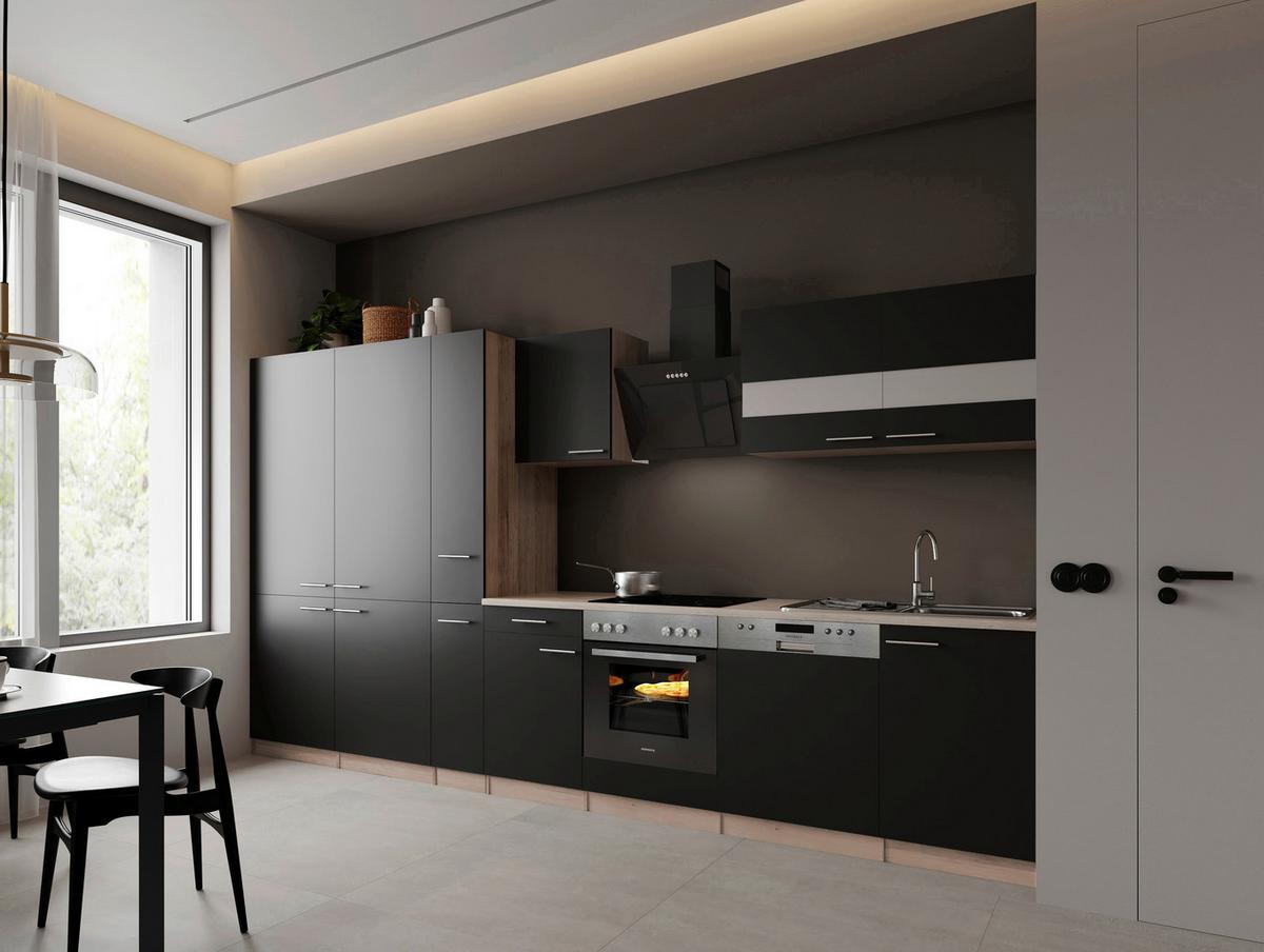 Küchenblock Merle m. Geräten Schwarz - Edelstahlfarben/Eichefarben, Trend, Holzwerkstoff/Metall (370cm) - Respekta