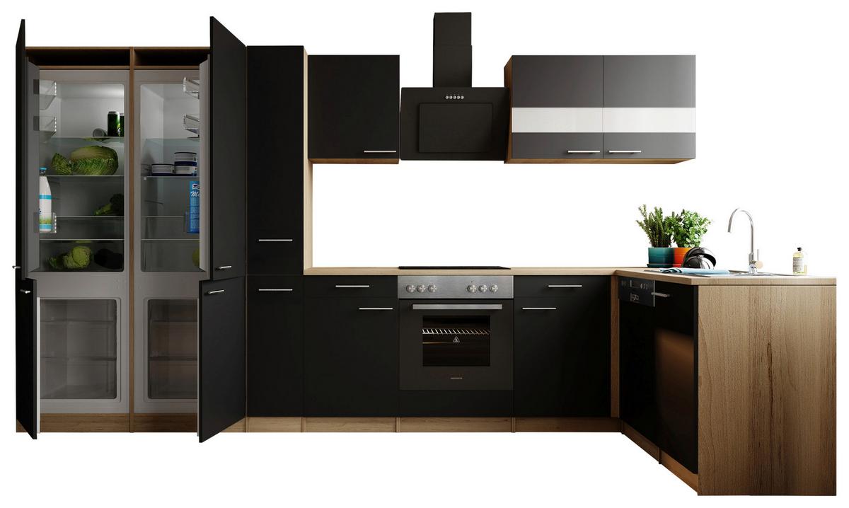 Eckküche Merle m. Geräten ca. 370x172cm Schwarz - Edelstahlfarben/Eichefarben, Trend, Holzwerkstoff/Metall (370/172cm) - Respekta