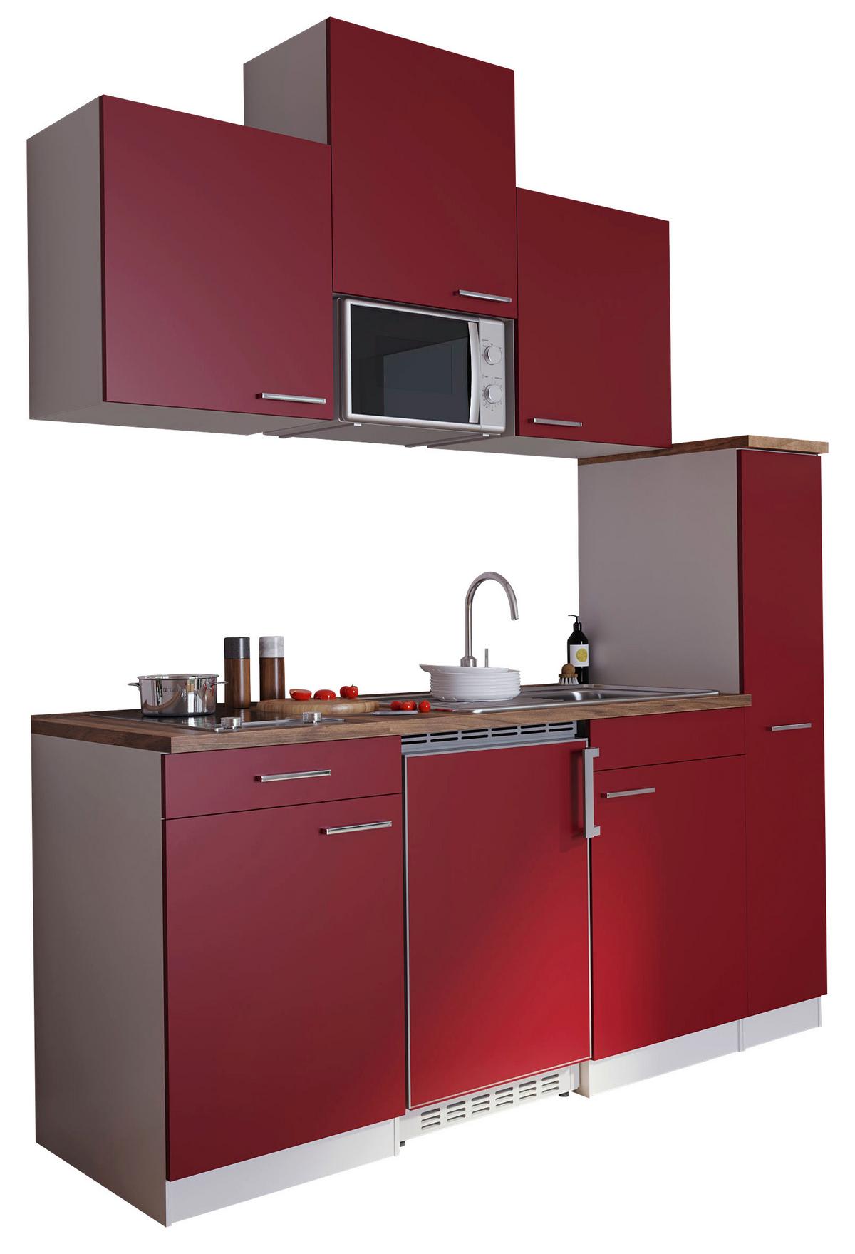 Küchenzeile Economy m. Geräten Rot/Nussbaum B: ca. 180 cm - Rot/Nussbaumfarben, Basics, Holzwerkstoff/Kunststoff (180/200/60cm) - Respekta