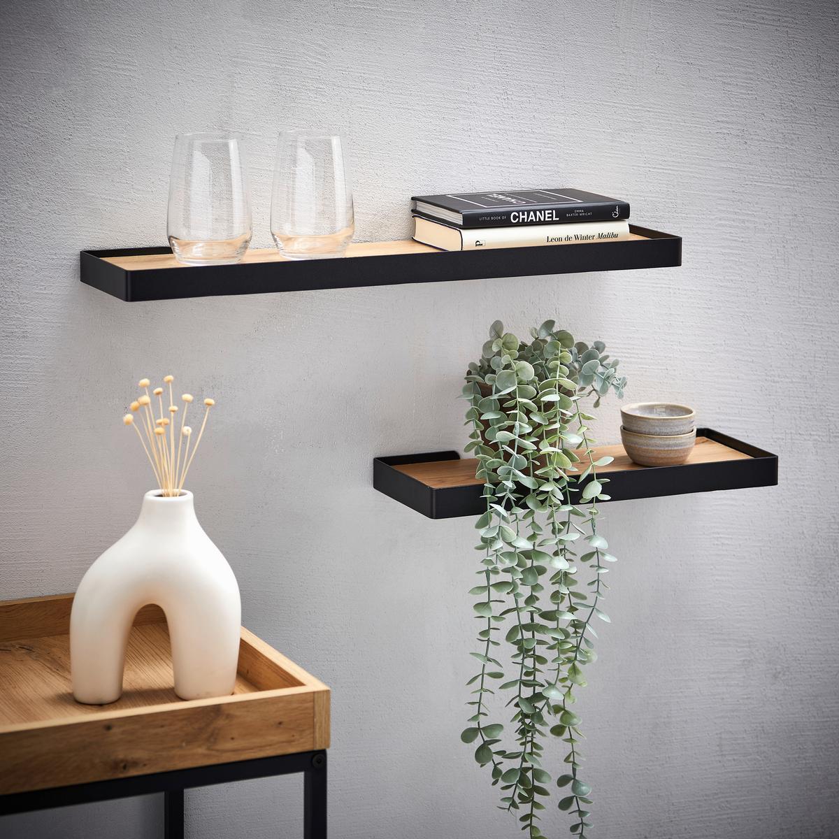 PÓŁKA ŚCIENNA RICKY - kolor dębowy/czarny, Basics, materiał drewnopochodny/metal (110/3/15cm) - Xora