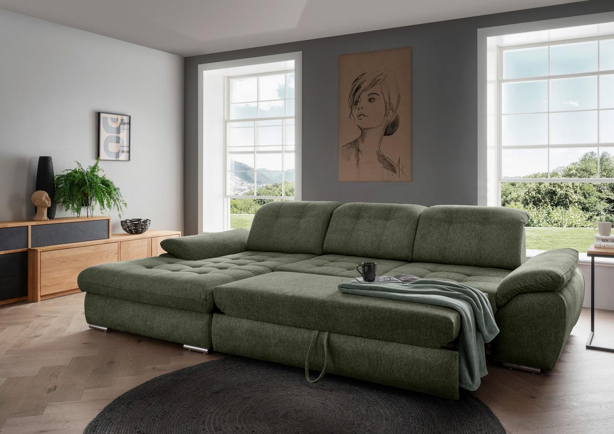 Ecksofa Rigatti Grün Chenille m. Bettkasten - Chromfarben/Grün, MODERN, Textil/Metall (184/314cm) - Livetastic