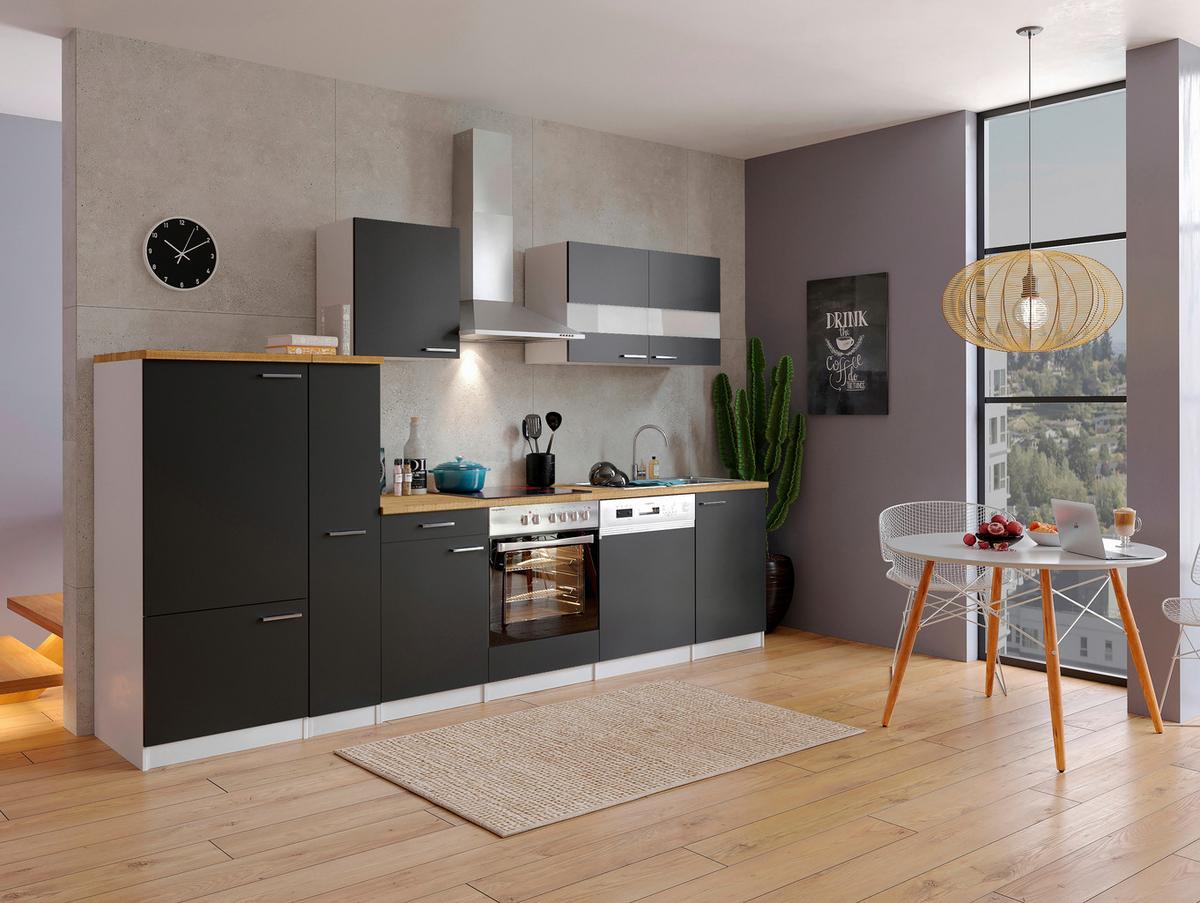 Küchenleerblock LBKB310WSG Schwarz/Weiß ca. 310 cm - Edelstahlfarben/Nussbaumfarben, Basics, Holzwerkstoff/Metall (310cm) - Respekta