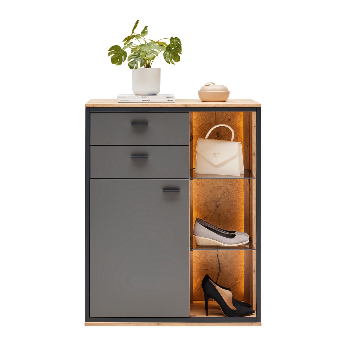 Schuhschrank Florenz Grau/Eiche Artisan - Schwarz/Eiche Artisan, Modern, Glas/Holzwerkstoff (79/100,2/37,3cm) - Premium Living