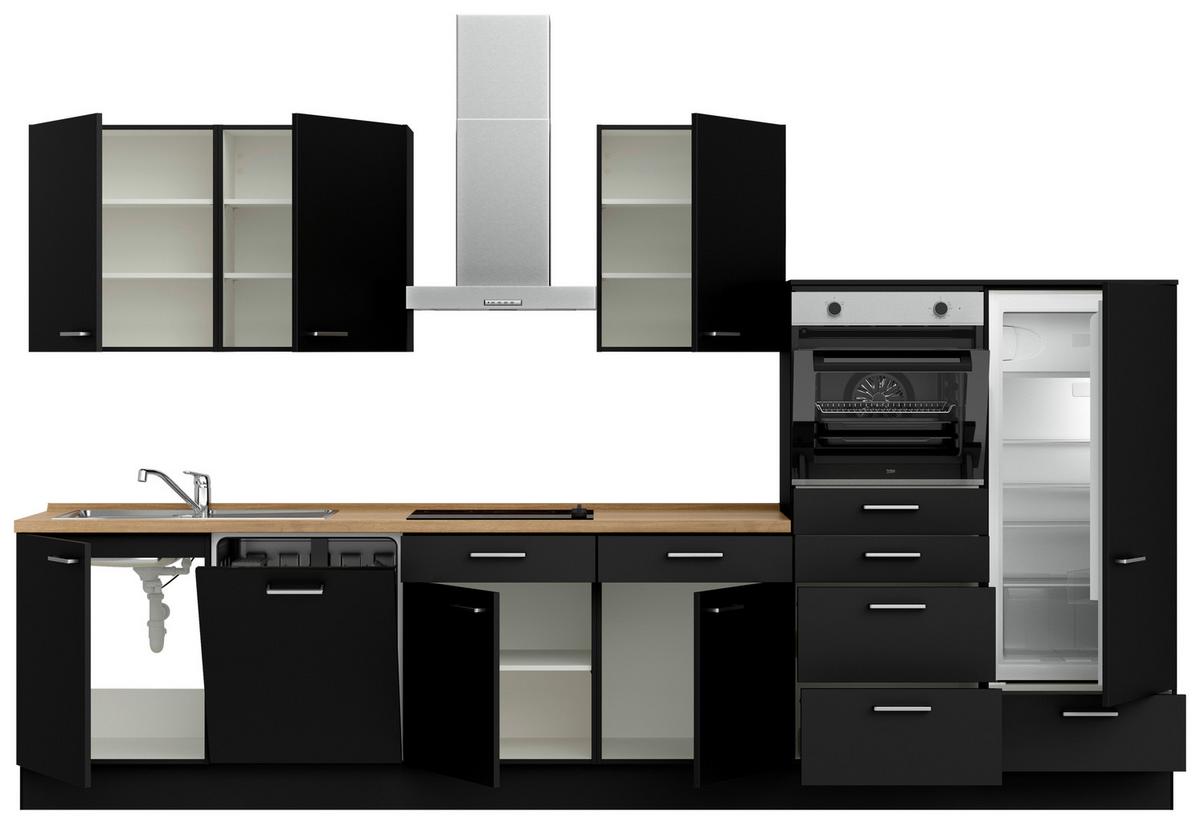 Küchenblock Touch Low m. Geräten Schwarz - Edelstahlfarben/Eichefarben, MODERN, Holzwerkstoff/Metall (360cm) - Nobilia
