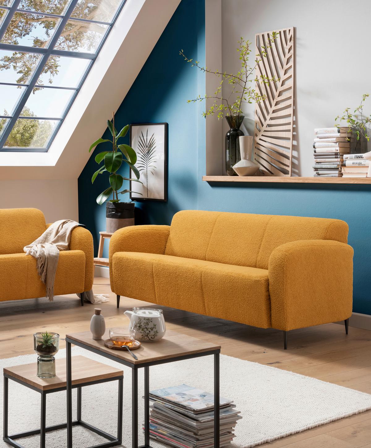 3-Sitzer-Sofa Marone Gelb Teddystoff - Gelb/Schwarz, MODERN, Textil/Metall (180/76/90cm) - Livetastic