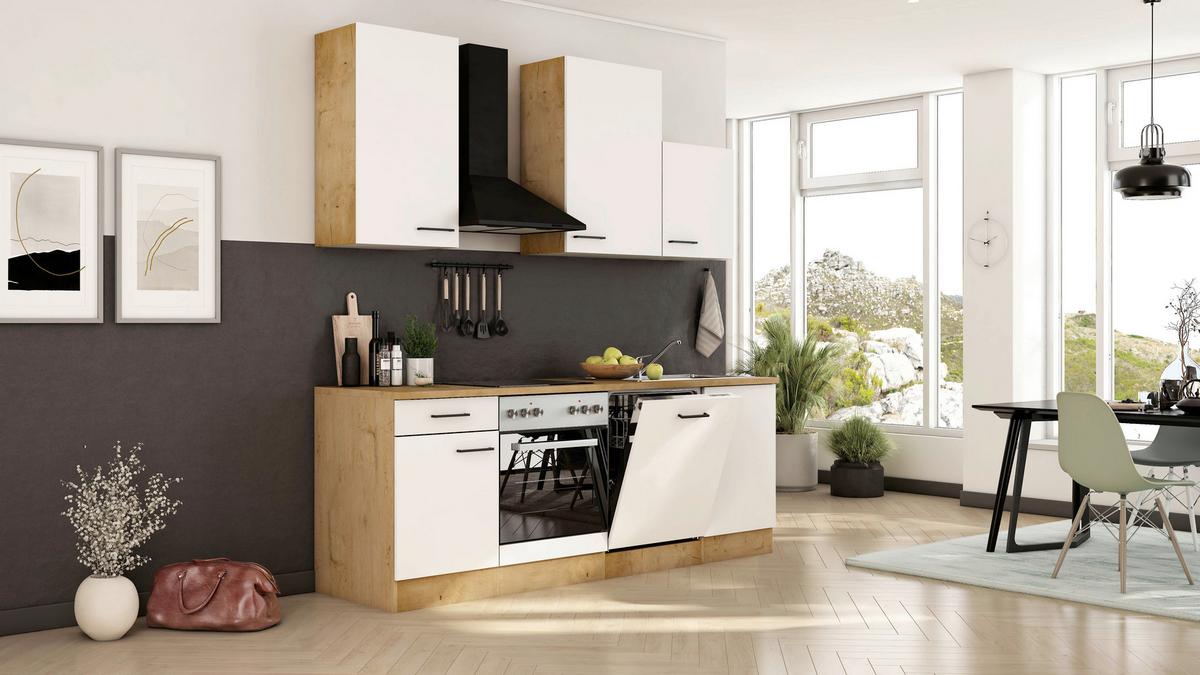Küchenblock Avila m. Geräten Magnolie - Eichefarben/Magnolie, Trend, Holzwerkstoff/Metall (220cm) - FlexWell