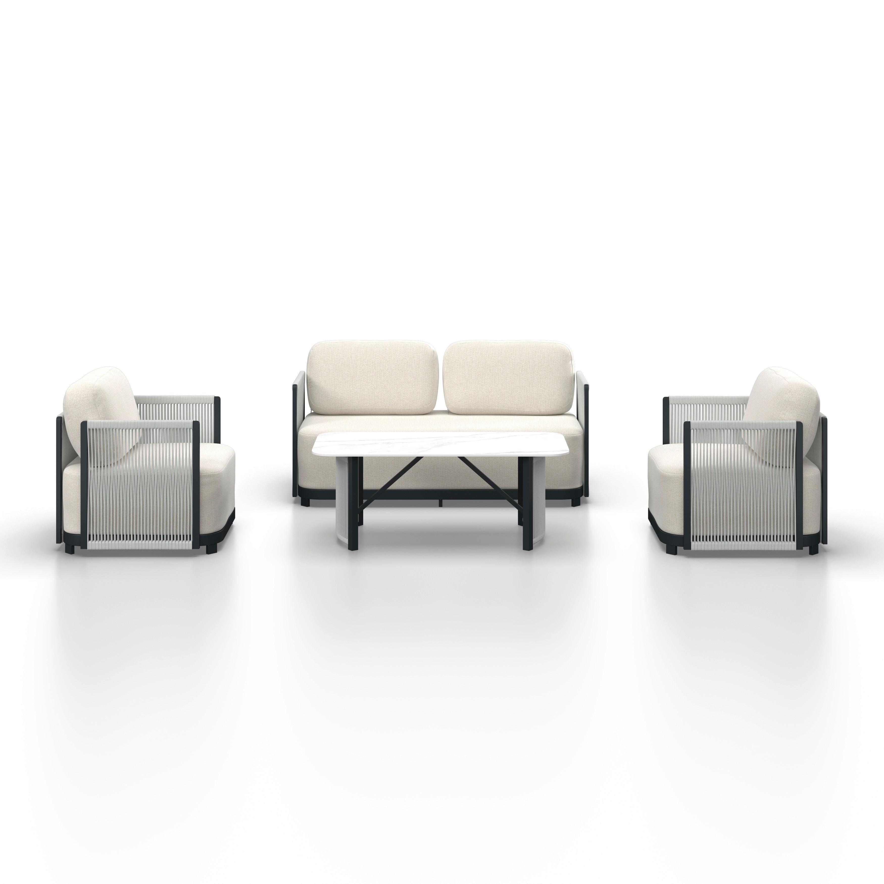 Loungegarnitur Coralie Creme Metall/Outdoorstoff +Abdeckung - Anthrazit/Creme, MODERN, Textil/Stein (155/62cm) - Bessagi Garden