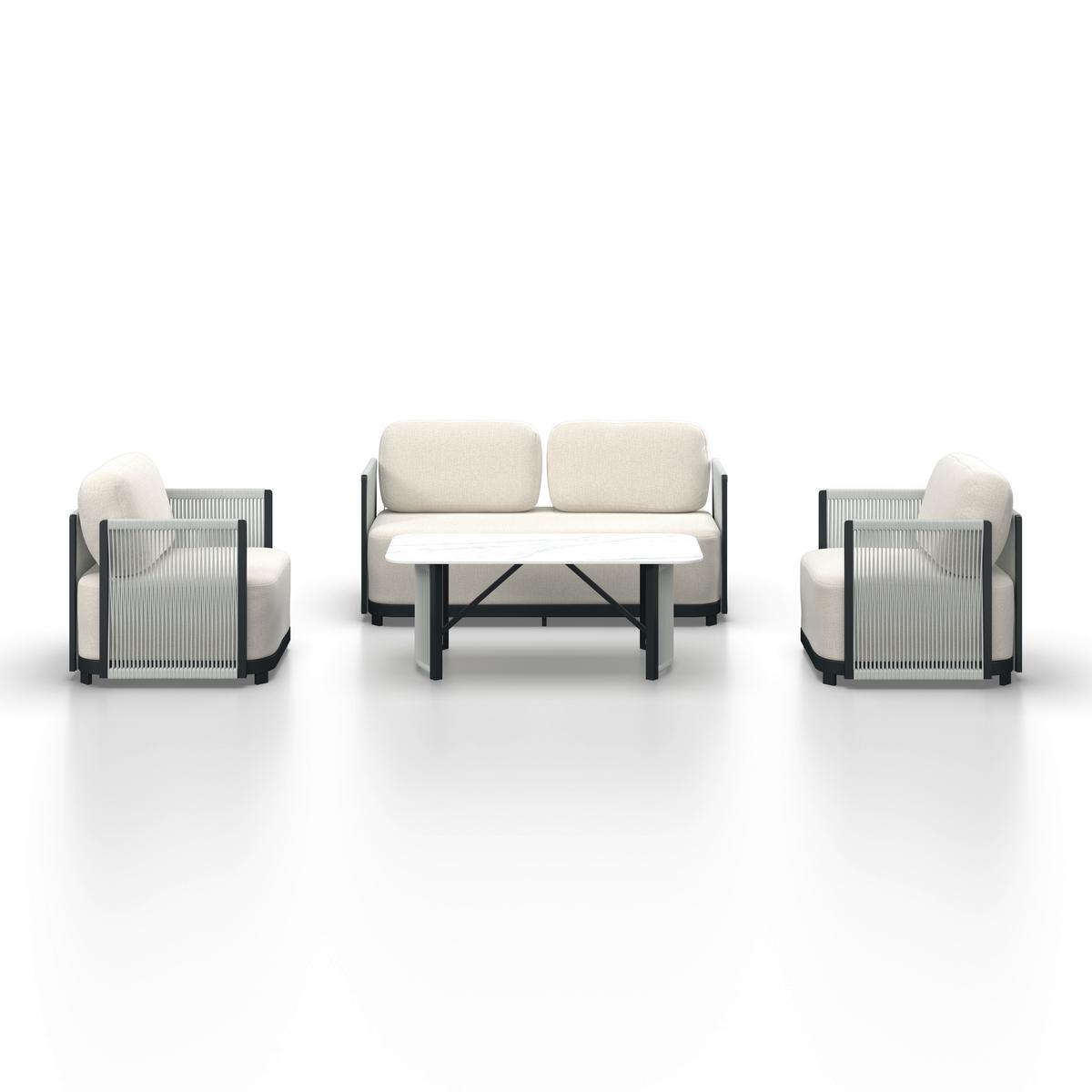 Loungegarnitur Coralie Creme Metall/Outdoorstoff +Abdeckung - Anthrazit/Creme, MODERN, Textil/Stein (155/62cm) - Bessagi Garden