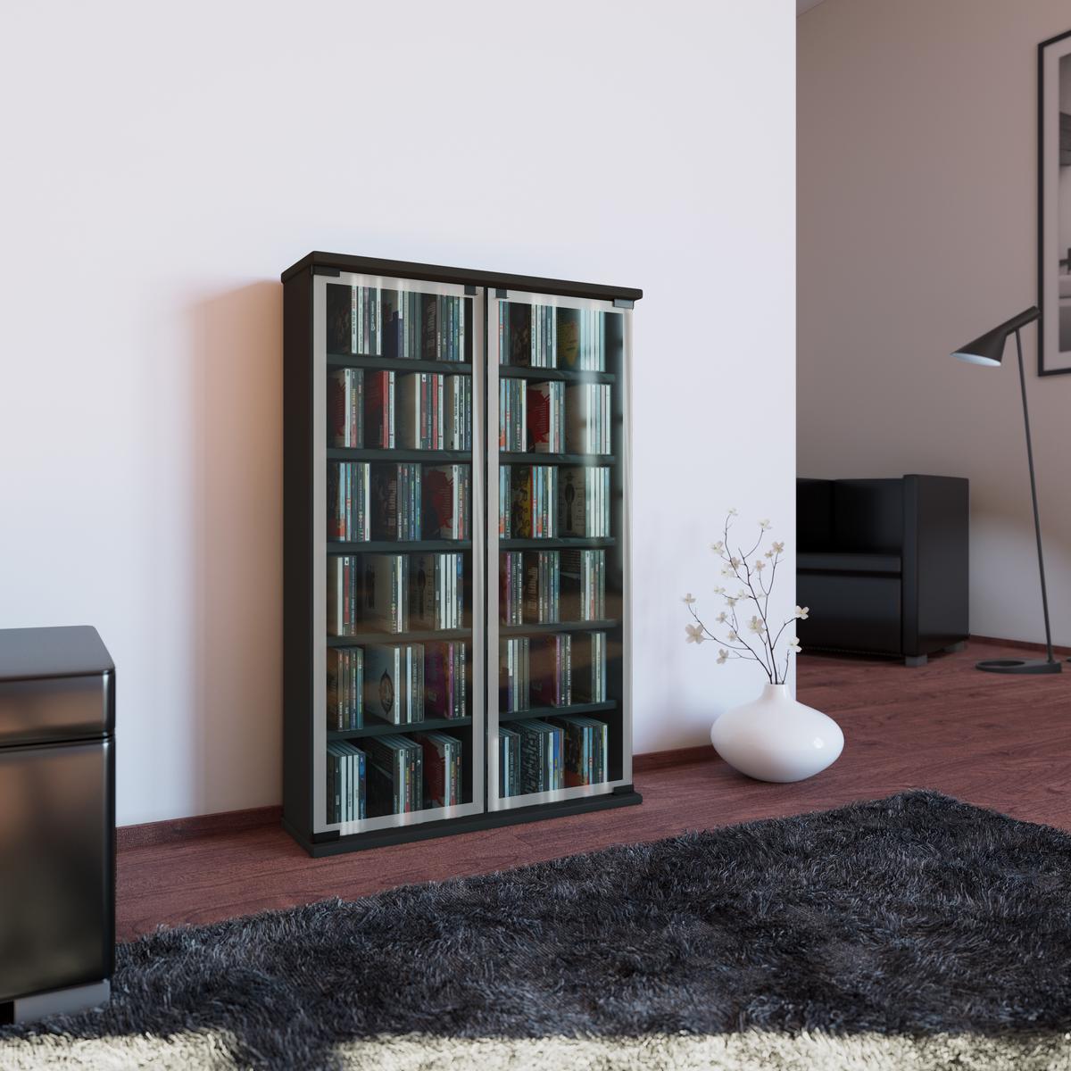CD-Regal Galerie in Schwarz, B: 60 cm - Schwarz, KONVENTIONELL, Glas/Holzwerkstoff (60/92/18cm) - MID.YOU