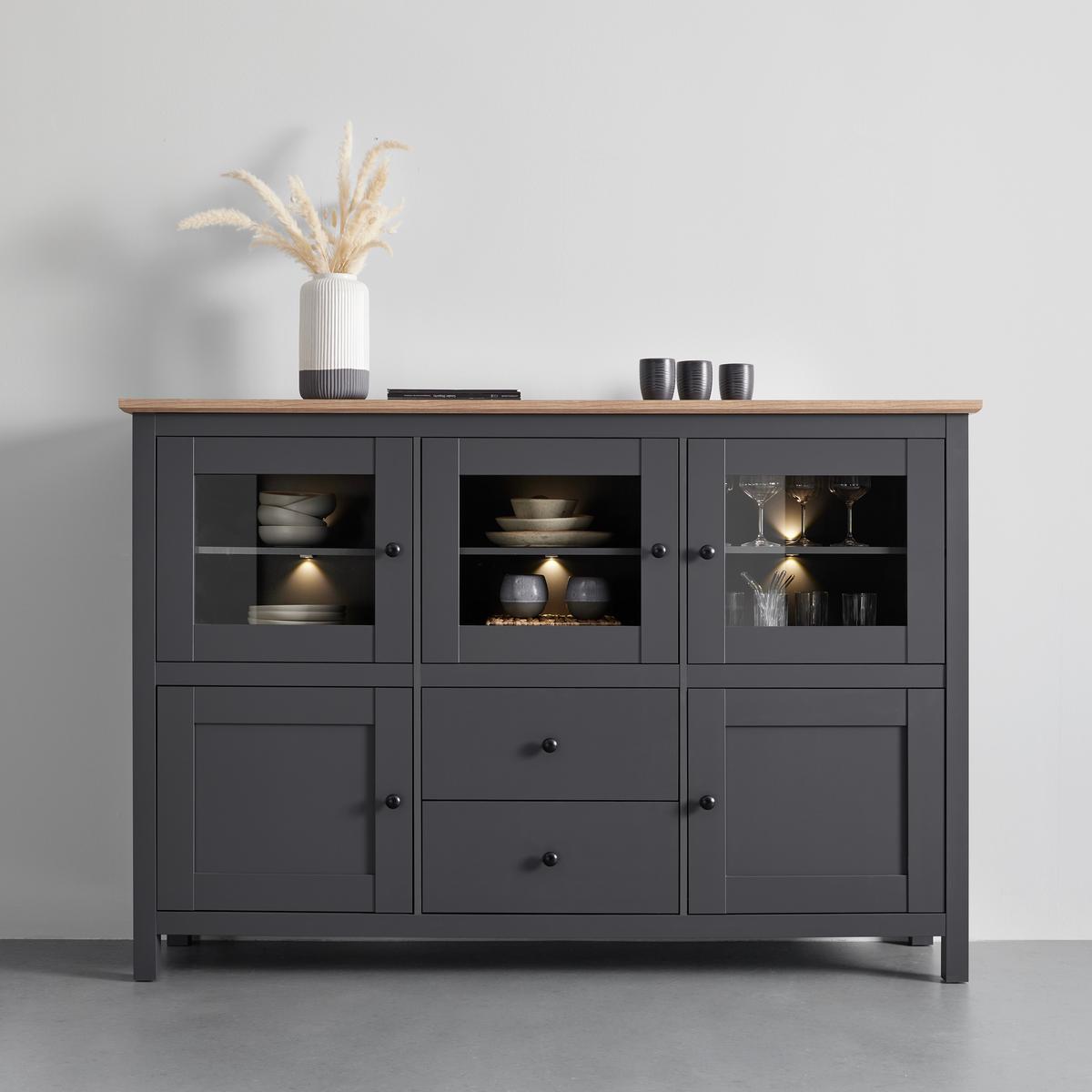 Sideboard Claudio Dunkelgrau/Eiche MDF - Dunkelgrau/Schwarz, MODERN, Glas/Holz (186/126/44cm) - Bessagi Home