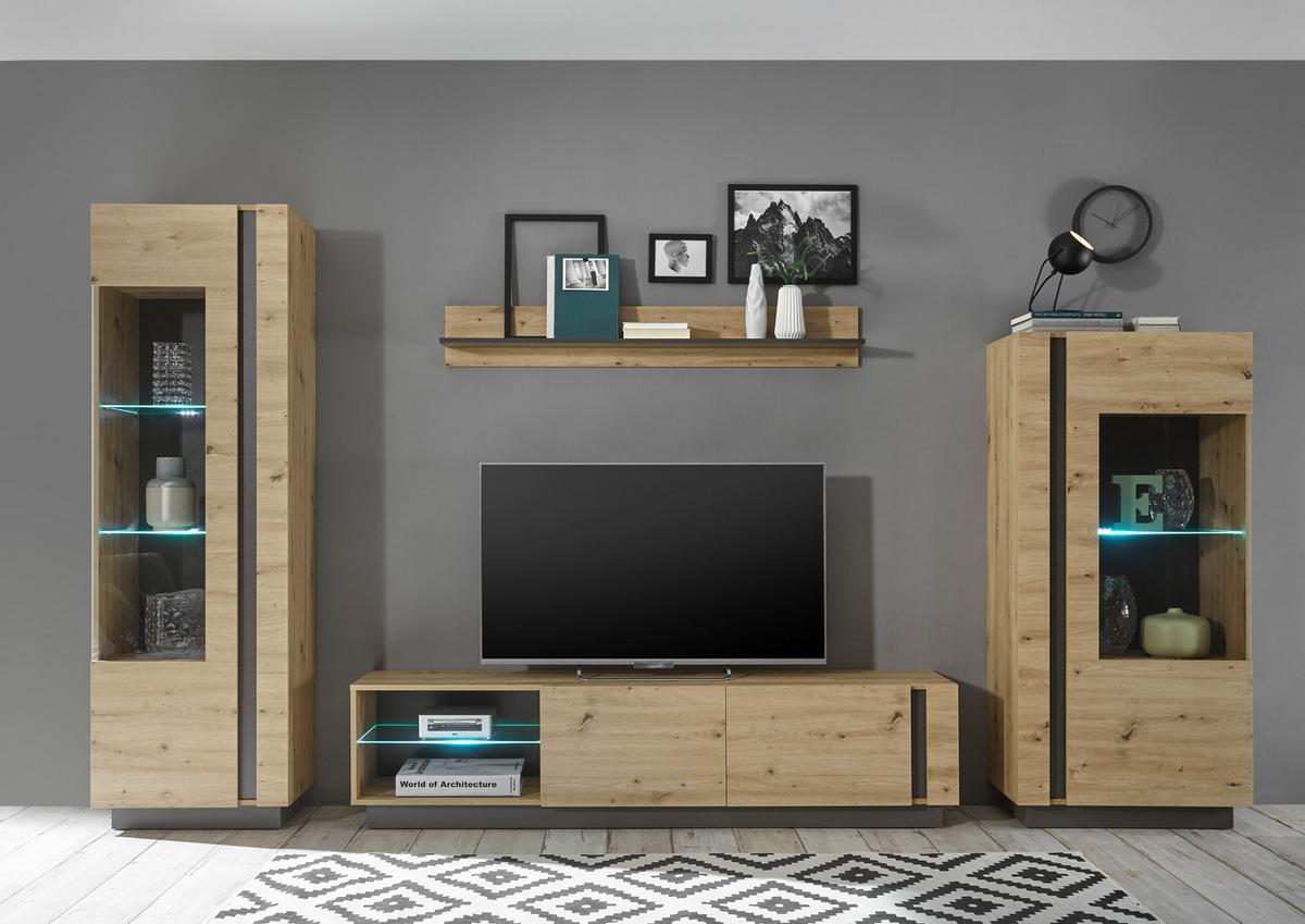 Wohnwand Clair Grau/Eiche Artisan - Eiche Artisan/Grau, Design, Glas/Holzwerkstoff (340/194/40cm) - MID.YOU