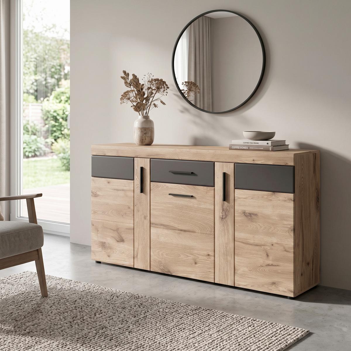 Comodă Cu Uși Grano - gri închis/culoare lemn stejar, Trend, material pe bază de lemn (157/86/40,9cm) - Modern Living