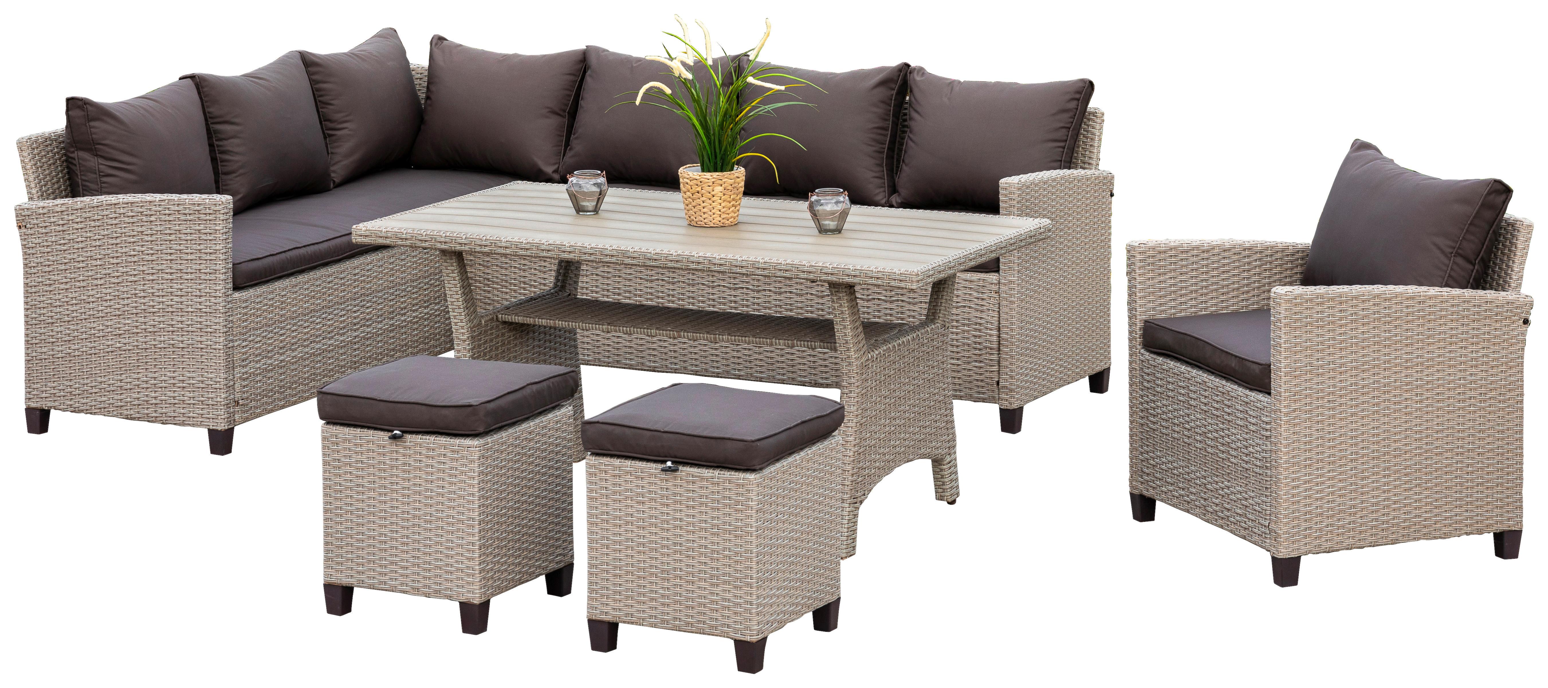 Loungegarnitur 5-tlg. Palma Kunststoffgeflecht mit Kissen - Dunkelbraun/Naturfarben, KONVENTIONELL, Kunststoff/Textil (239/170cm) - Gardenson