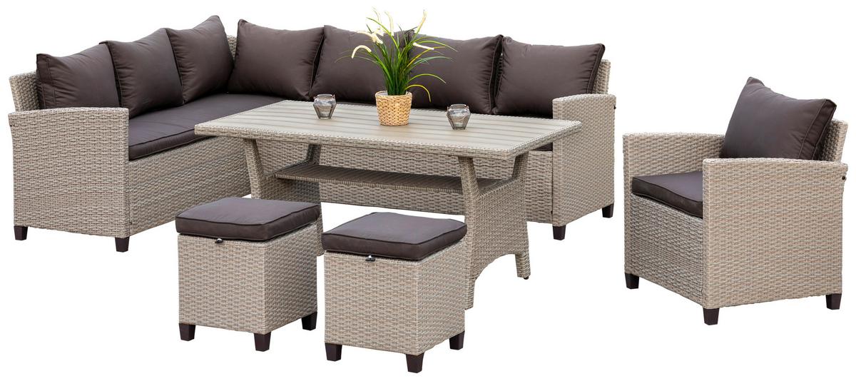 Lounge Garnitura Palma, 5-Delno, Blazine - temno rjava/naravne barve, Konvencionalno, kovina/umetna masa (239/170cm) - Gardenson