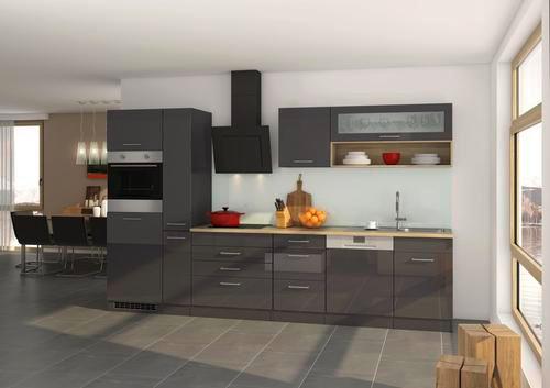 Küchenblock in Anthrazit inkl. E-Geräte 'Mailand' - Chromfarben/Eichefarben, MODERN, Holzwerkstoff/Metall (330cm) - Held