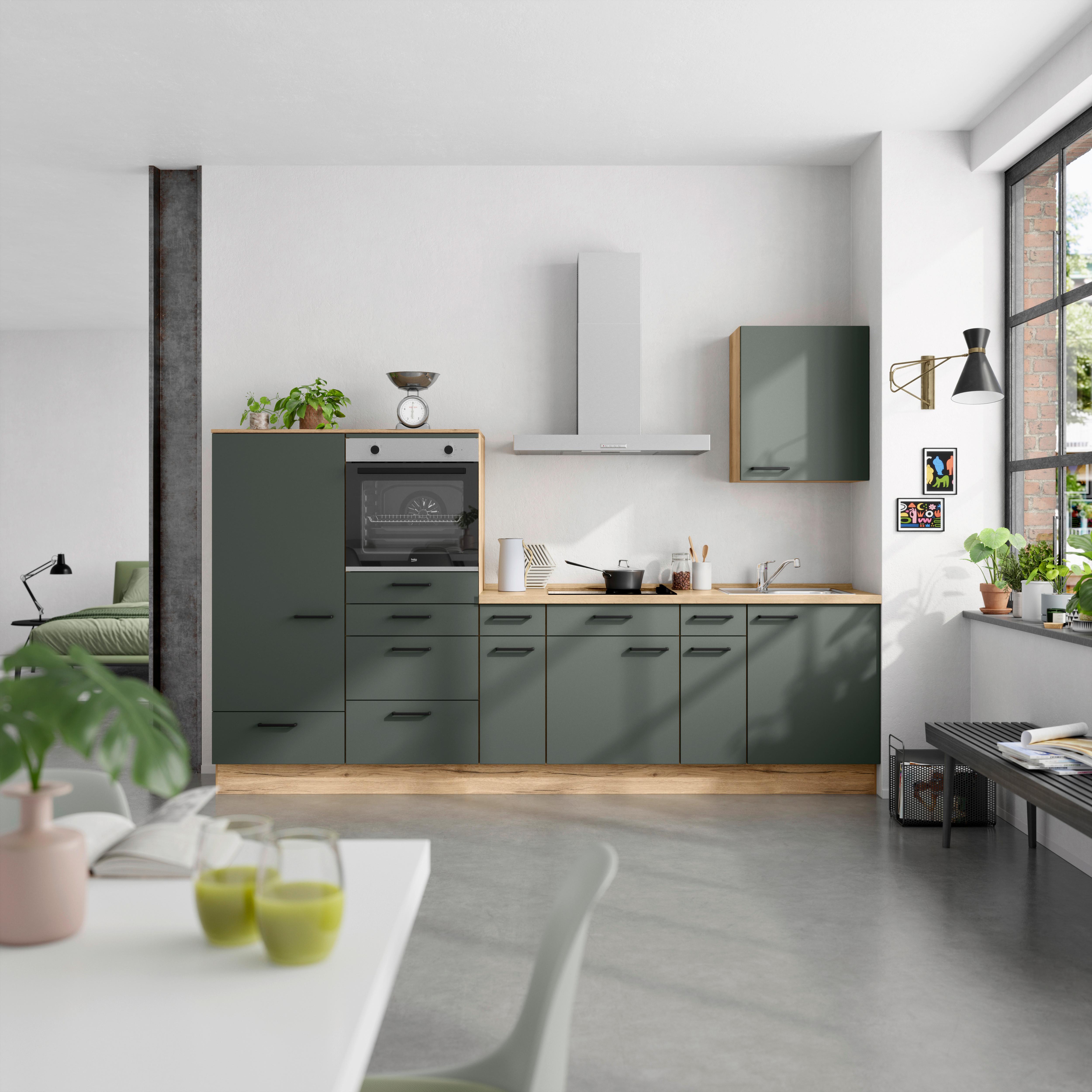 Küchenblock Easytouch Low m. Geräten Dunkelgrün - Dunkelgrün/Eichefarben, MODERN, Holzwerkstoff/Metall (300cm) - Nobilia