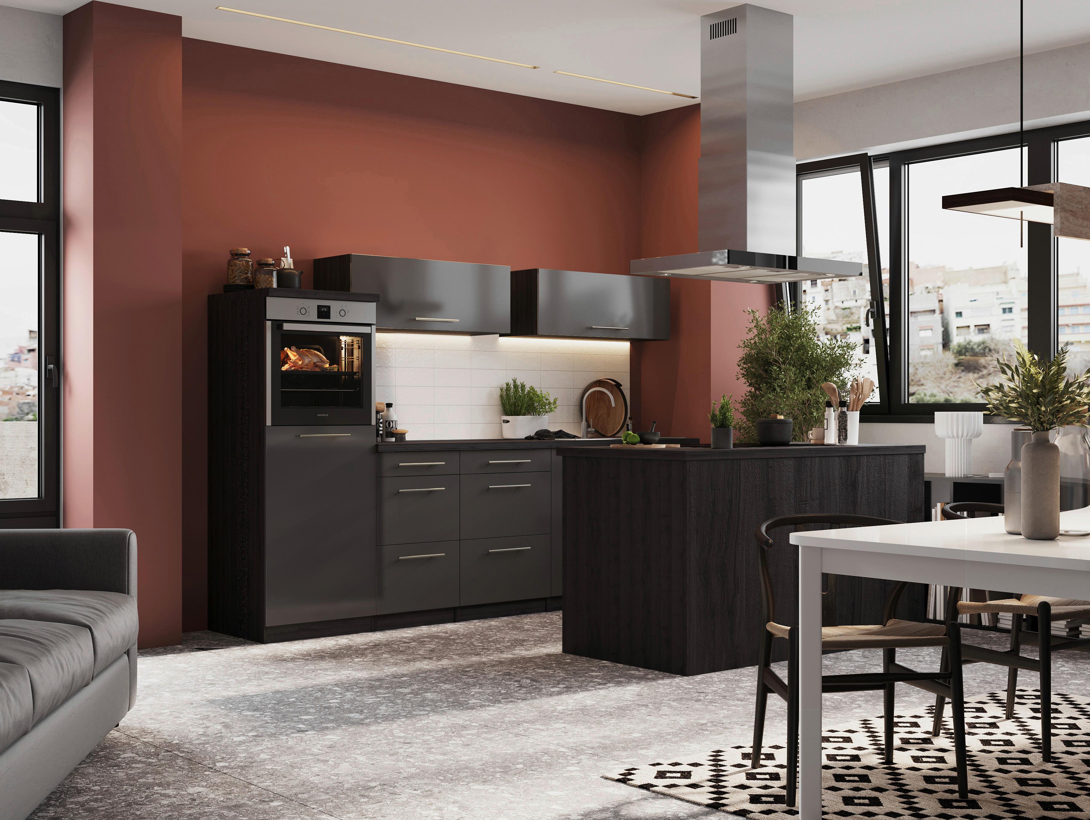 Inselküche Premium Grau m. Geräten B: ca. 280 cm - Eichefarben/Grau, Basics, Holzwerkstoff/Metall (280/160cm) - Respekta