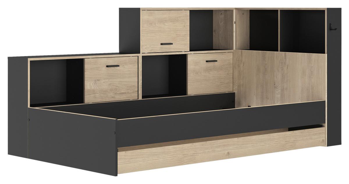 Postelja S Predalom Erwan, Črna, Barva Kostanja, 90x200cm - črna/barve kostanja, Moderno, leseni material (90/200cm) - MID.YOU