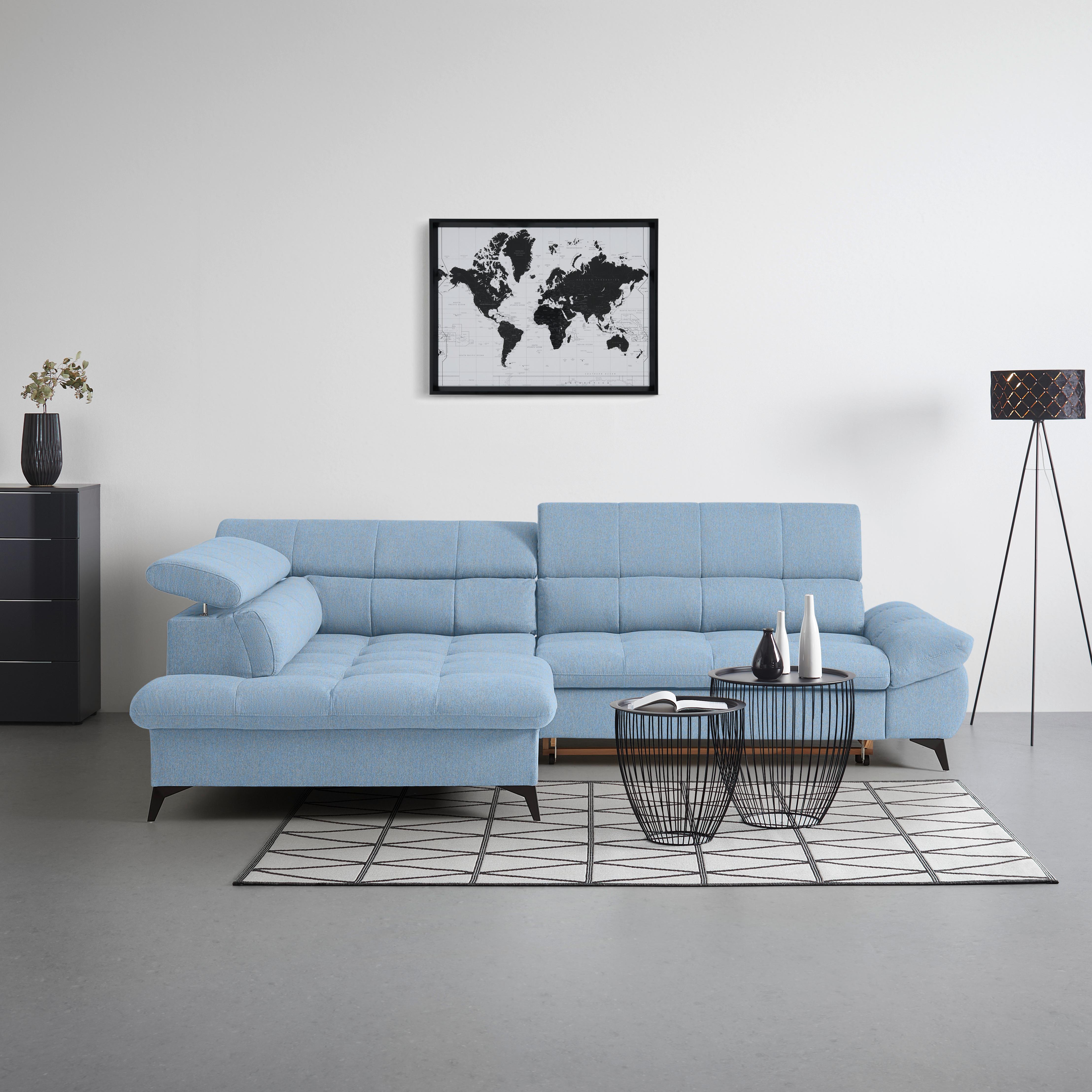 Wohnlandschaft Alberto Hellblau - Schwarz/Hellblau, MODERN, Textil/Metall (296/78/201cm) - Mömax