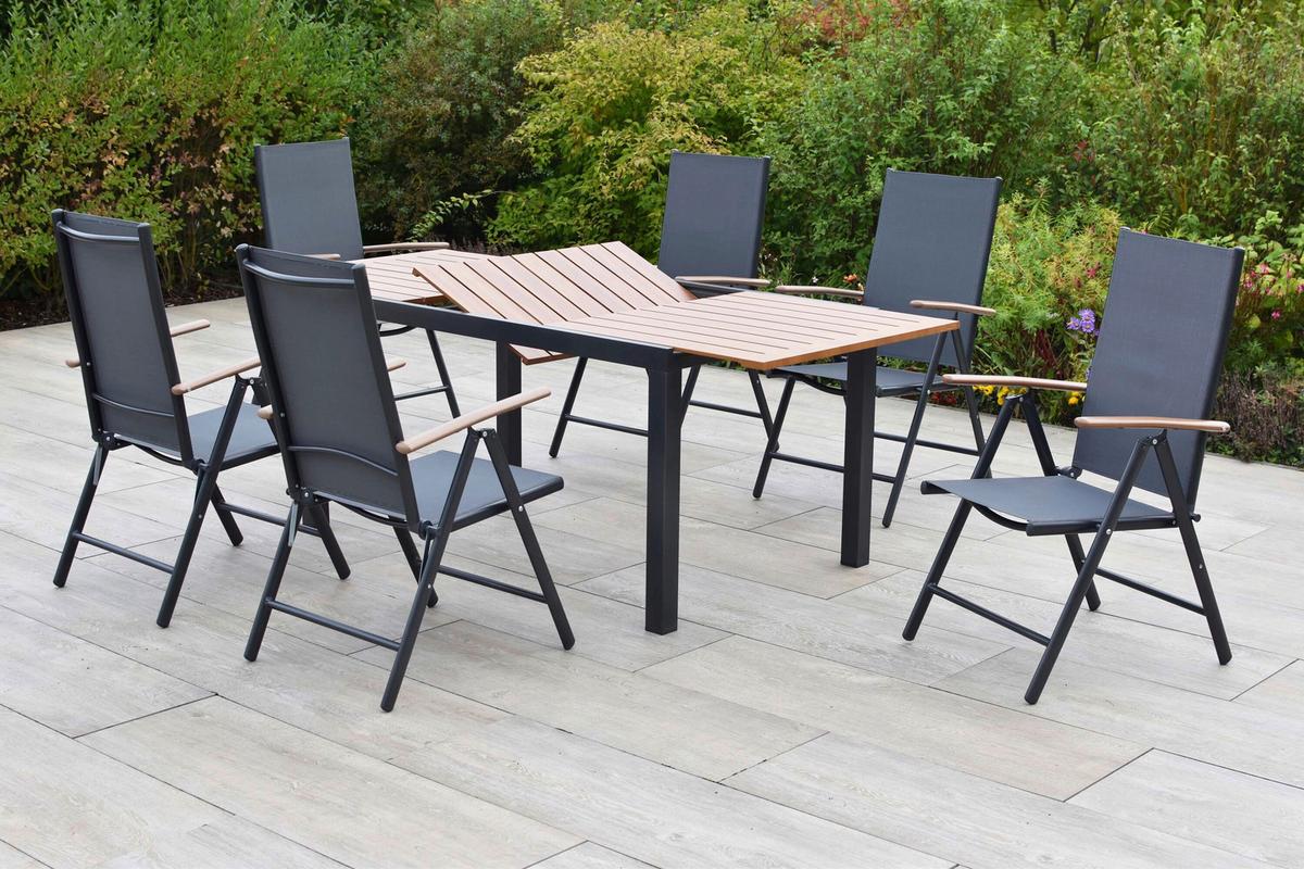 Gartentischgruppe Valenza 7-tlg. Graphitfarben - Graphitfarben/Naturfarben, KONVENTIONELL, Textil/Metall - Gardenson
