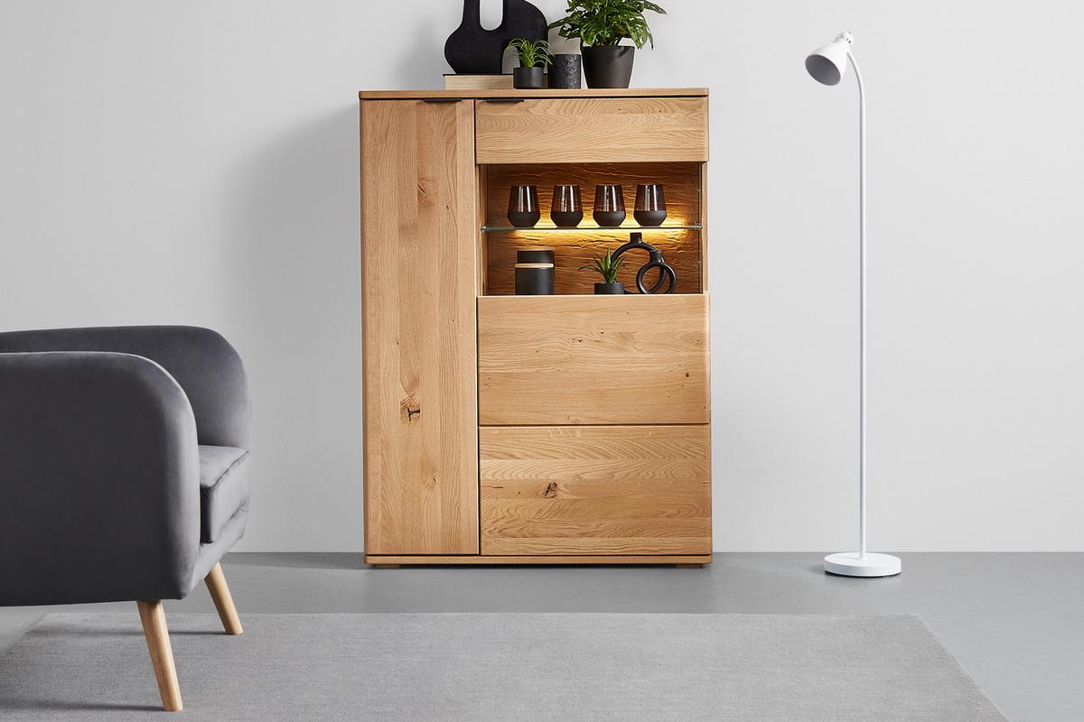 Highboard Valera in Wildeiche - Wildeiche/Schwarz, MODERN, Glas/Holz (90/123/37cm) - Premium Living