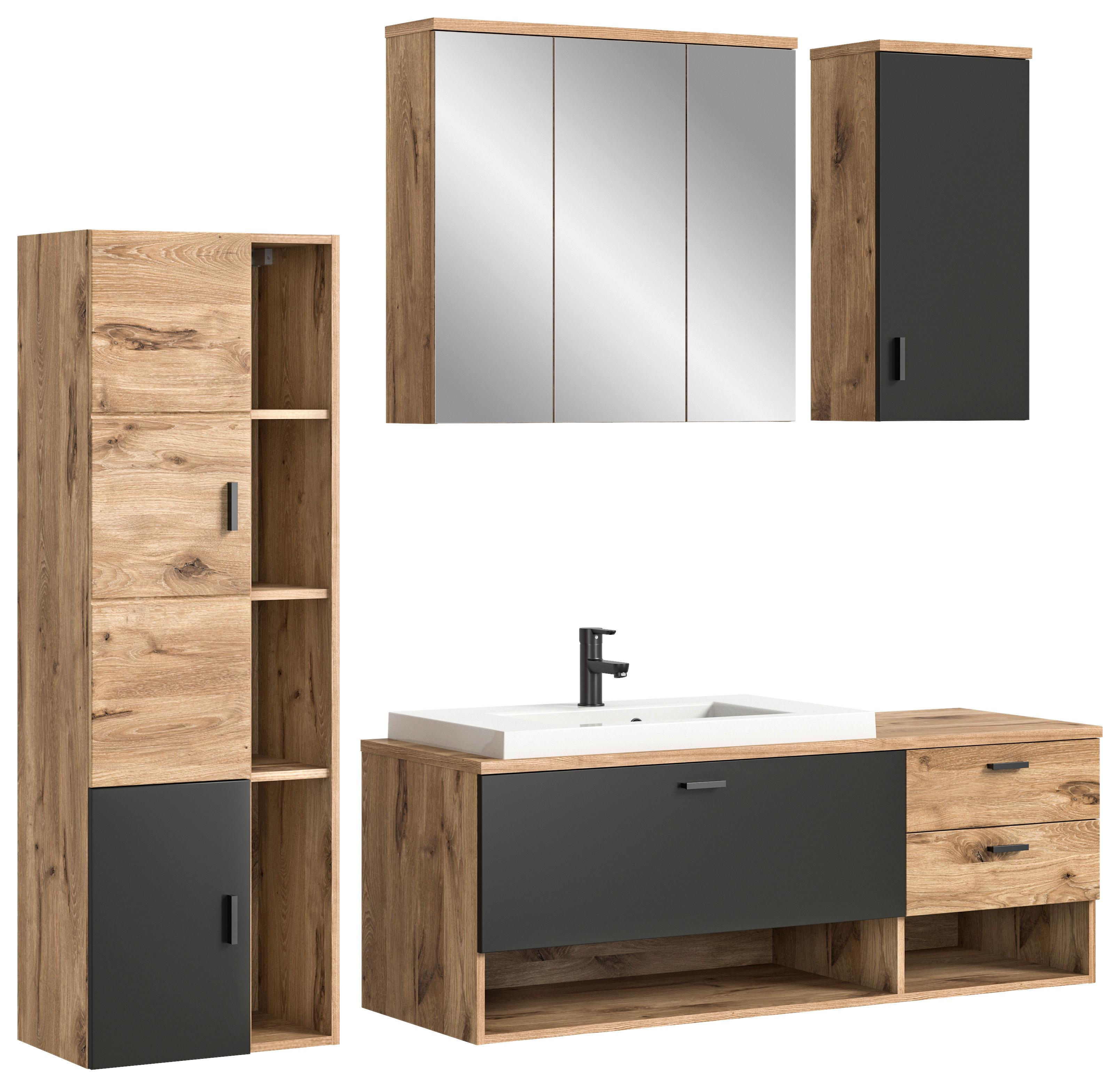 Badezimmer Grado 5-tlg. ca. 182 cm Eiche Grau - Weiß Hochglanz/Schwarz, MODERN, Glas/Keramik (182cm) - MID.YOU
