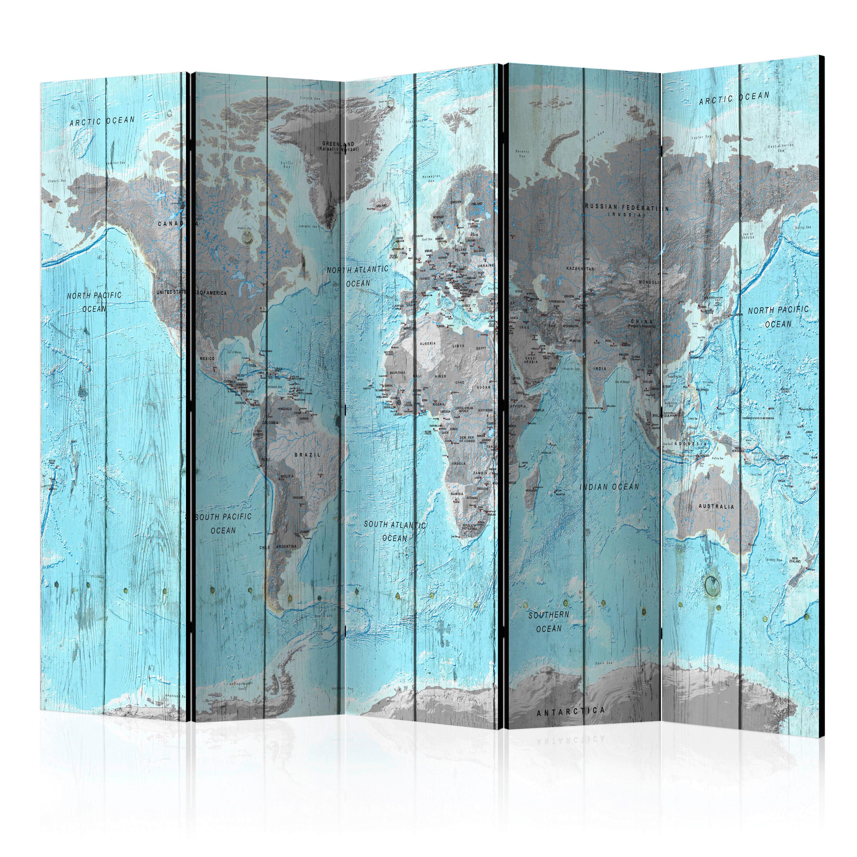 Paravan Wooden Travels, 5-Delni, Dvostranski - svetlo modra/svetlo siva, Basics, tekstil/les (225/172/3cm) - artgeist