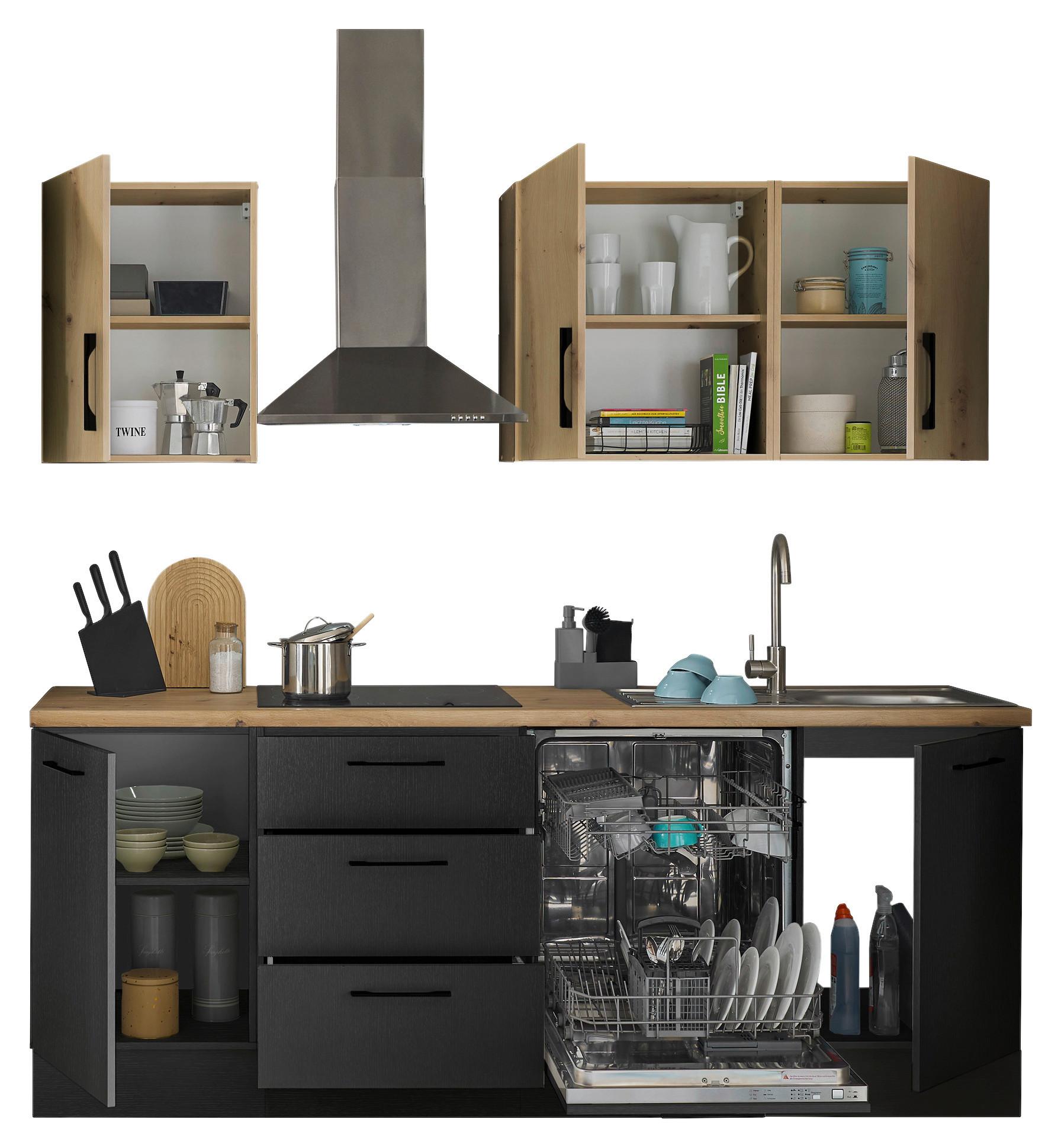 Küchenblock TURIN 220cm schwarz/Artisan ohne Geräte - Schwarz/Eiche Artisan, MODERN, Holzwerkstoff/Metall (220cm)