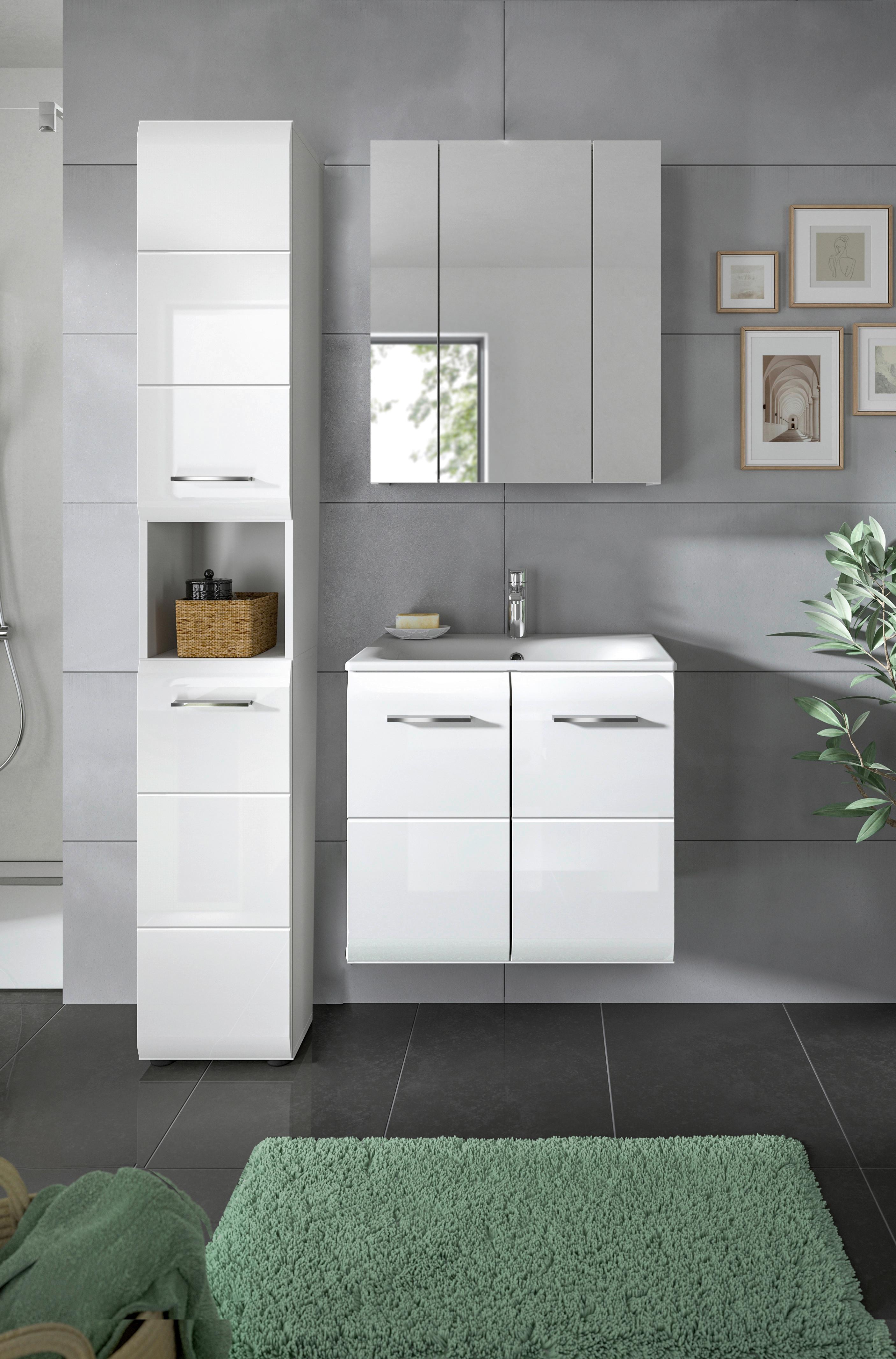Badezimmer Ice 3-tlg. ca. 90 cm Weiß - Weiß Hochglanz/Silberfarben, MODERN, Keramik/Holzwerkstoff - MID.YOU