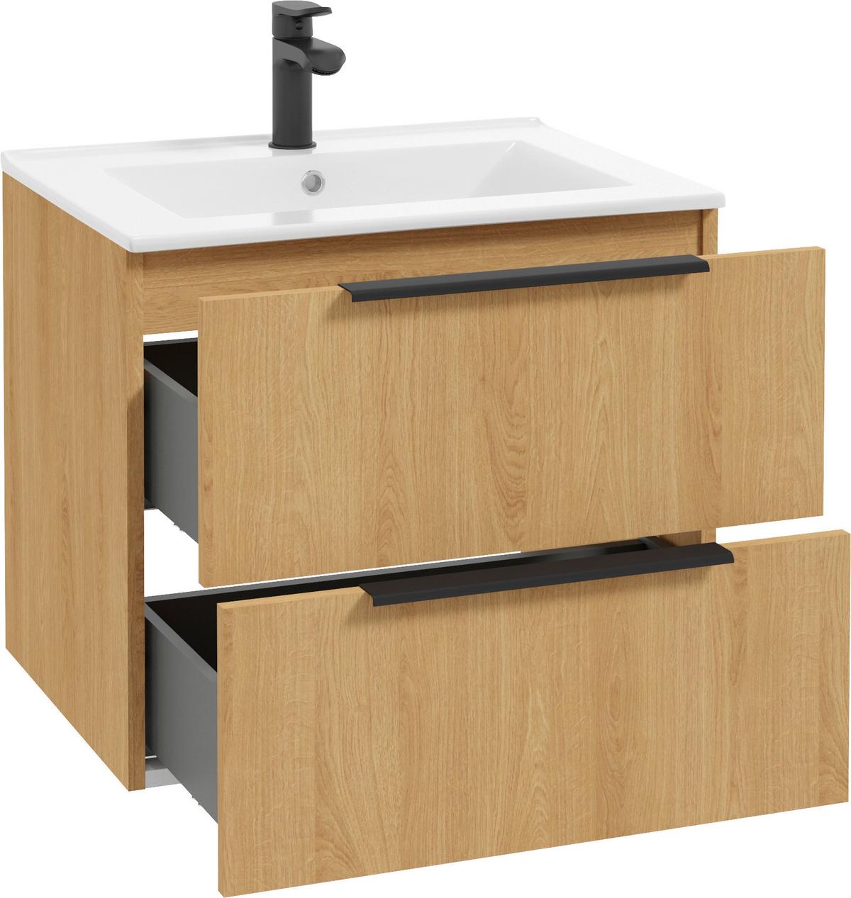 Mosdószekrény Mosdóval Natur - tölgyfa színű/fekete, Modern, faalapú anyag/fém (62cm)