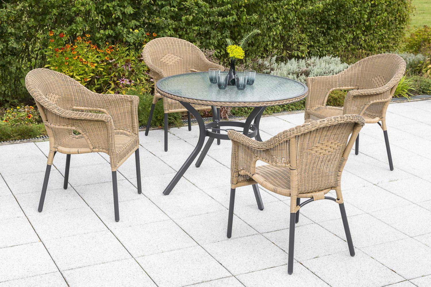 Gartentisch Ravenna Metall/ Glas/Kunststoff Ø 104 cm - Graphitfarben/Naturfarben, ROMANTIK / LANDHAUS, Glas/Kunststoff (104/74cm) - Gardenson