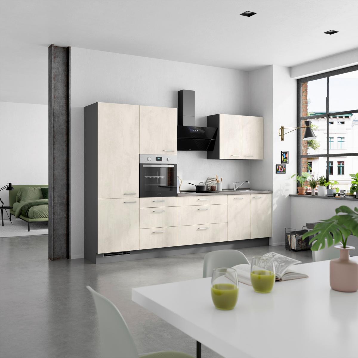 Küchenblock Riva High m. Geräten Weiß - Schieferfarben/Edelstahlfarben, MODERN, Holzwerkstoff/Metall (300cm) - Nobilia