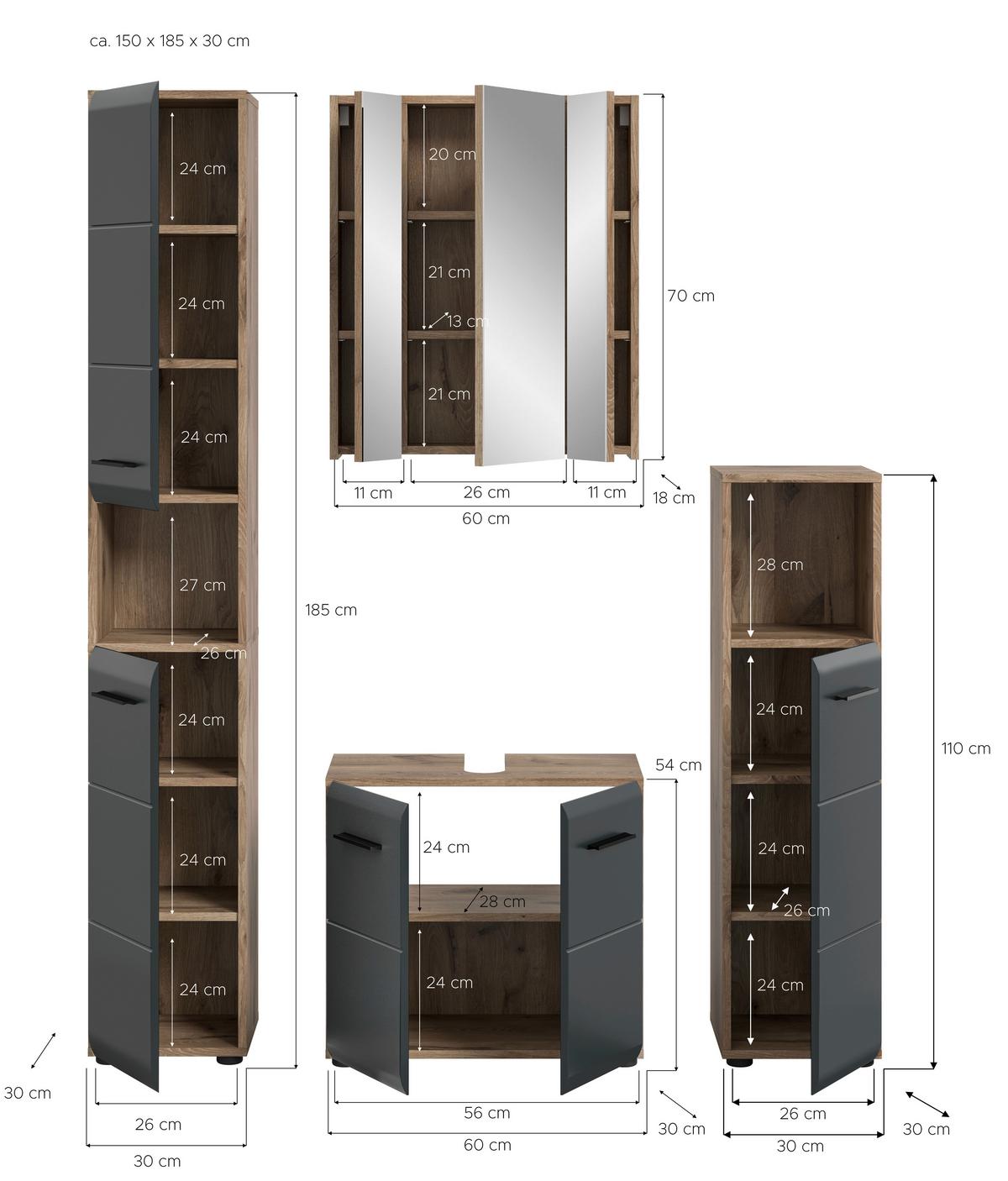 Kopalnica Ice, Črna, Barva Hrasta, 4-Delna - črna/temni hrast, Basics, umetna masa/leseni material (120cm) - MID.YOU