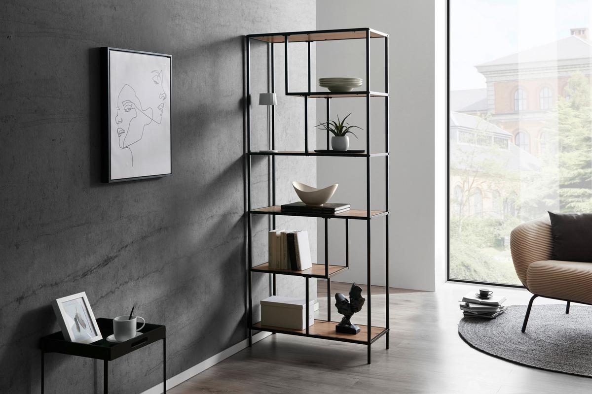 REGAŁ ROCKY - kolor dębowy/czarny, Trend, materiał drewnopochodny/metal (77/185/33cm) - Xora