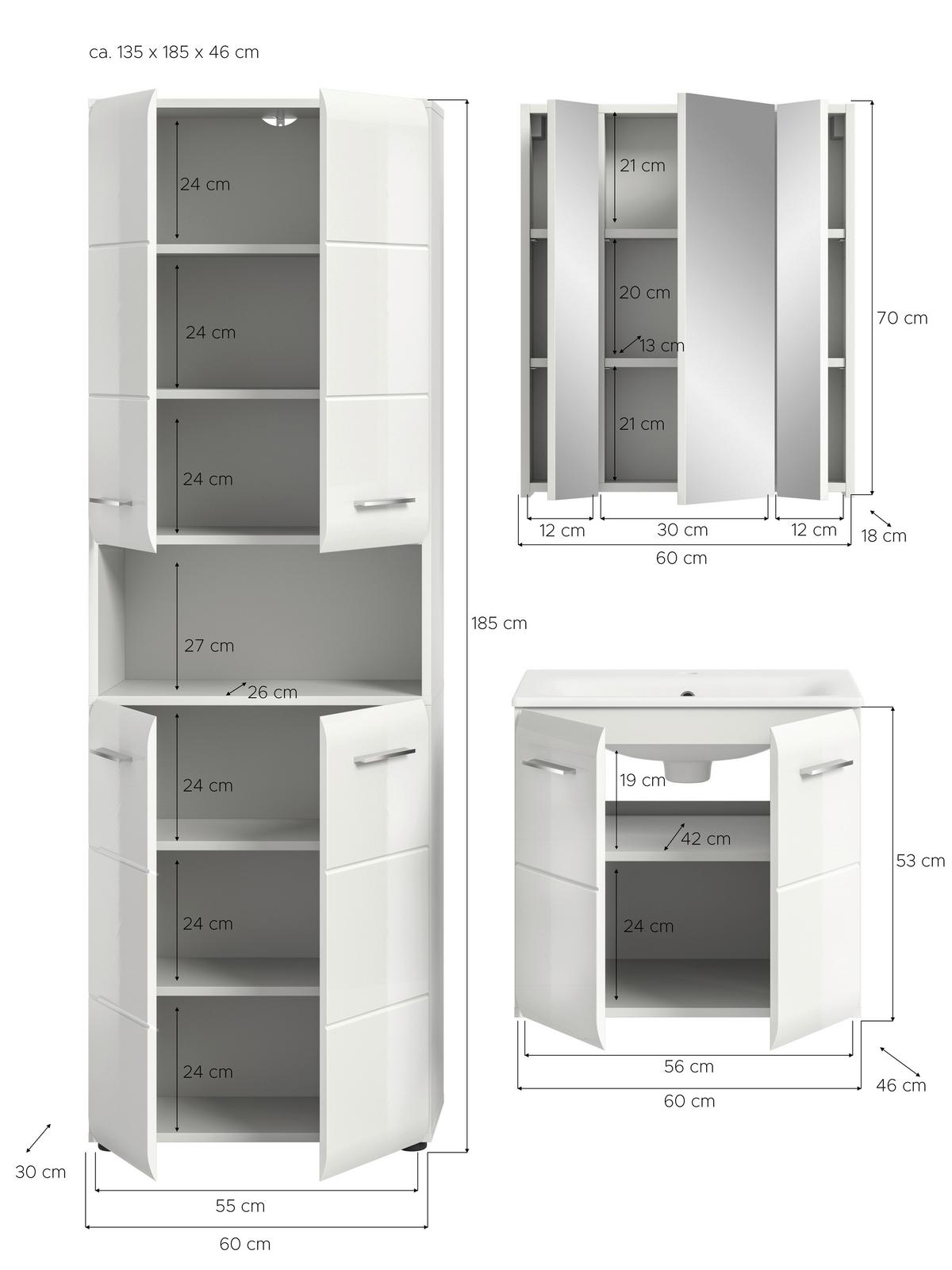 Badezimmer Ice 4-tlg. ca. 120 cm Weiß - Weiß Hochglanz/Silberfarben, MODERN, Keramik/Holzwerkstoff (120cm) - MID.YOU