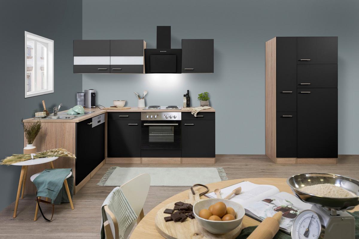 Eckküche Economy Schwarz /Eichefarben ca. 172x310 cm - Edelstahlfarben/Eichefarben, Basics, Glas/Holzwerkstoff (172/310cm) - Respekta