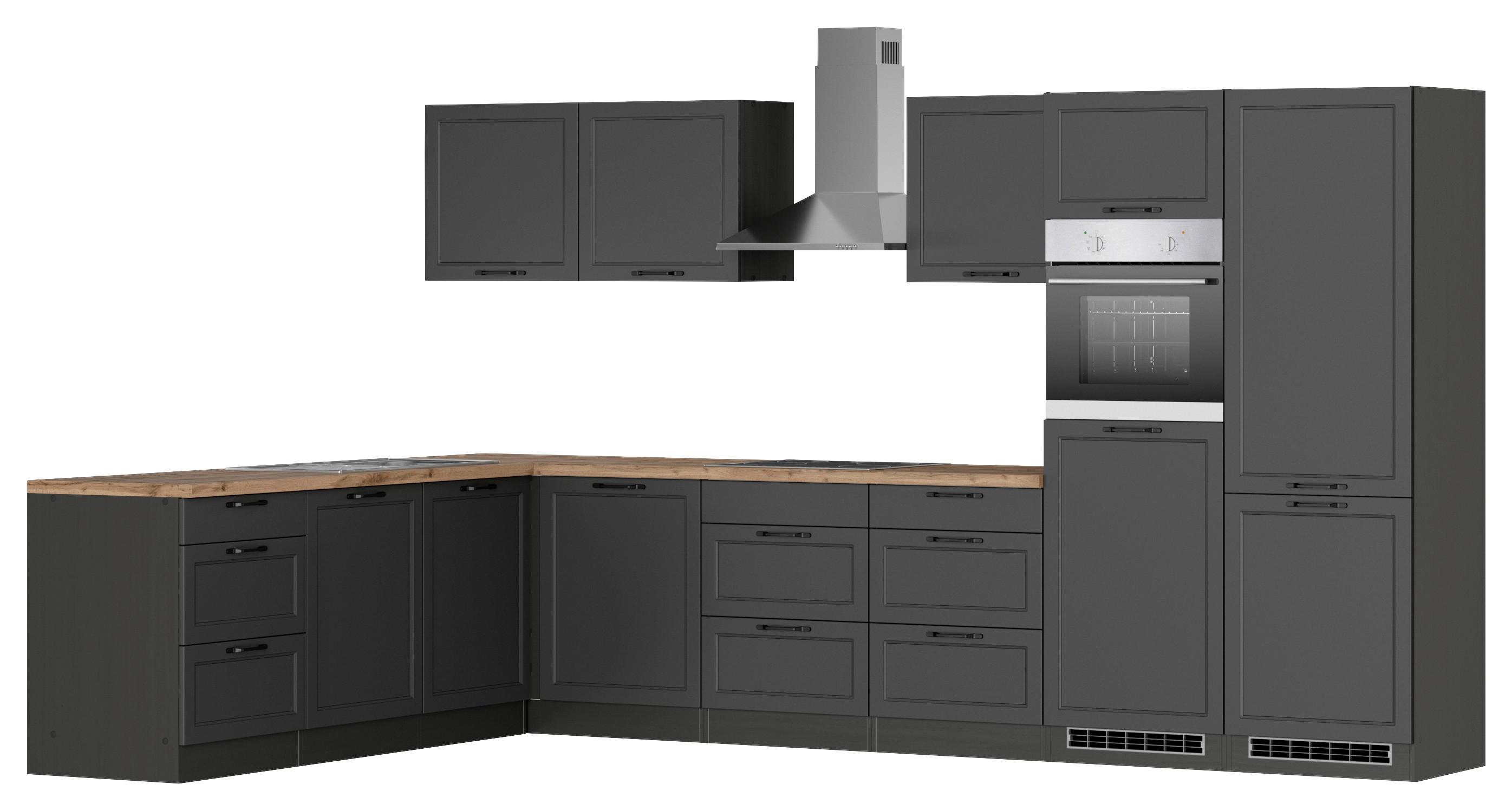 Eckküche Meran mit Geräten ca. 240x360cm Grau/Eiche - Eiche Wotan/Schwarz, LIFESTYLE, Holzwerkstoff/Metall (240/360cm) - Held