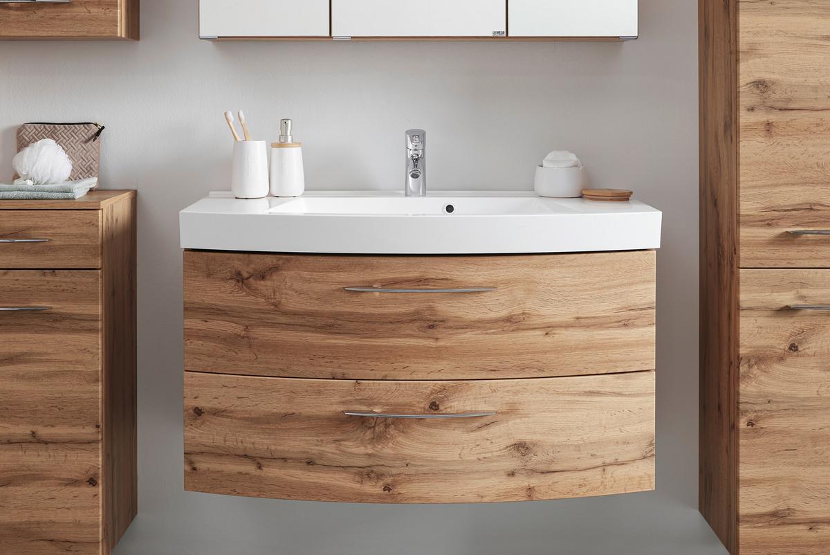 Bază cu lavoar Florida - alb/culoare lemn stejar, Modern, materiale naturale/material pe bază de lemn (100/54/47cm) - Premium Living
