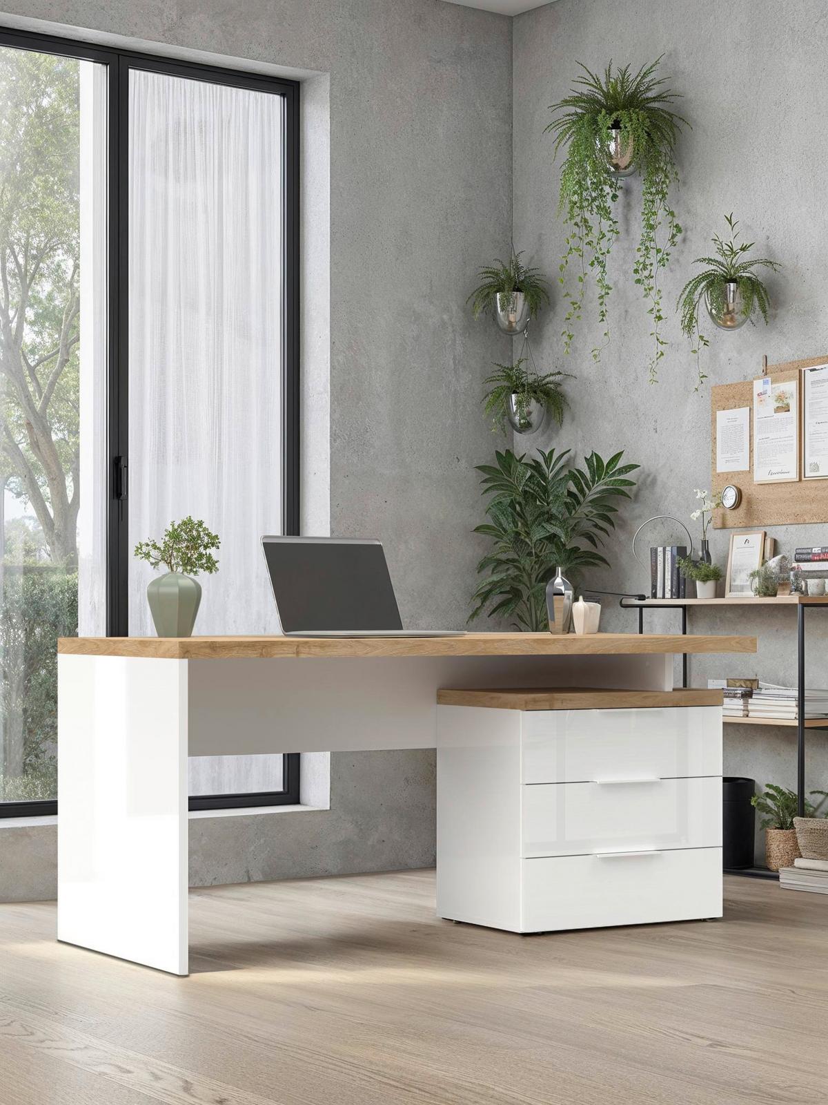 Schreibtisch Easy Office Eichefarben/Weiß Hochglanz - Eichefarben/Weiß Hochglanz, MODERN, Holzwerkstoff/Metall (160/75/68cm) - Based