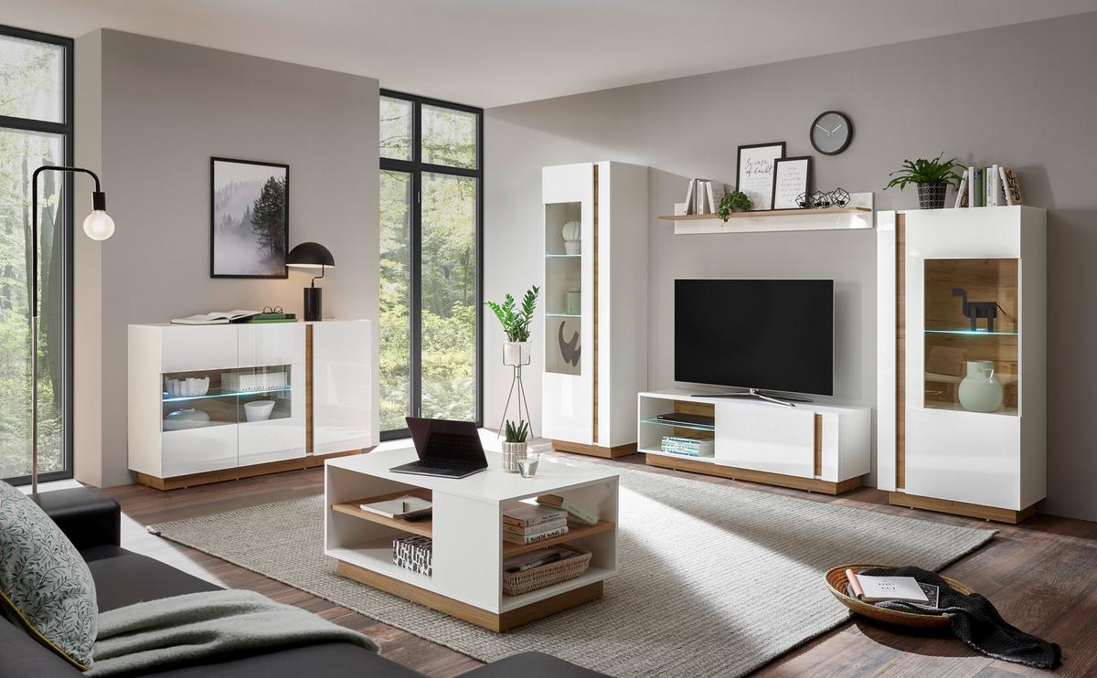 Wohnwand Clair Weiß/Eichefarben - Eichefarben/Weiß, Design, Glas/Holzwerkstoff (290/194/40cm) - MID.YOU