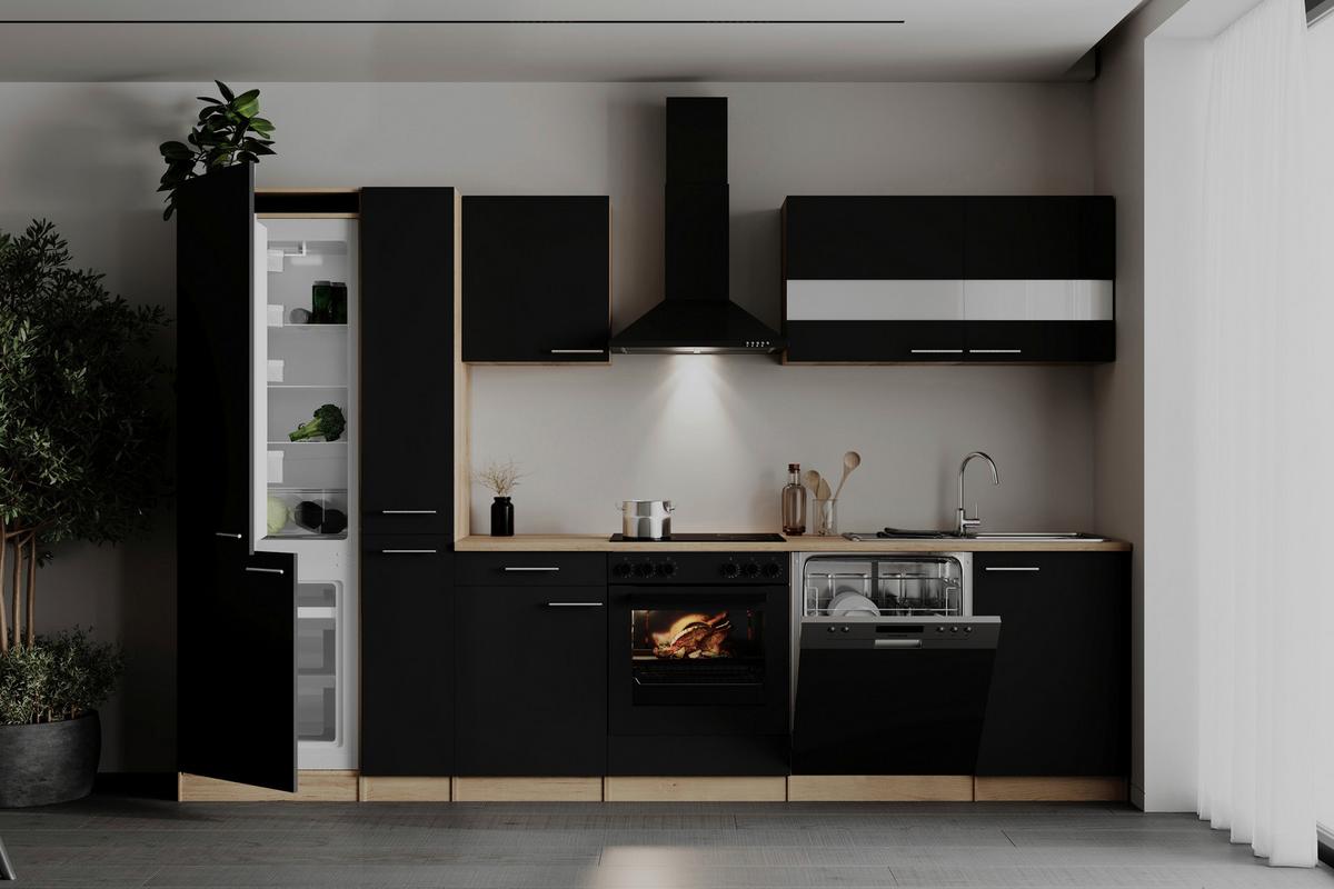 Küchenblock Merle m. Geräten Schwarz - Edelstahlfarben/Eichefarben, Basics, Holzwerkstoff/Metall (310cm) - Respekta