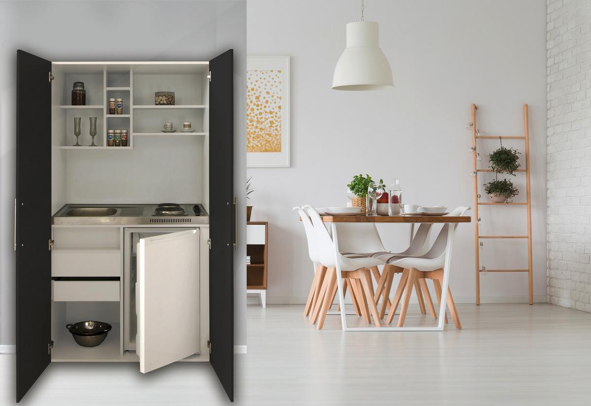 Schrankküche Economy Schwarz mit Geräte B: ca. 104 cm - Edelstahlfarben/Silberfarben, MODERN, Holzwerkstoff/Metall (104/193/67cm) - Respekta